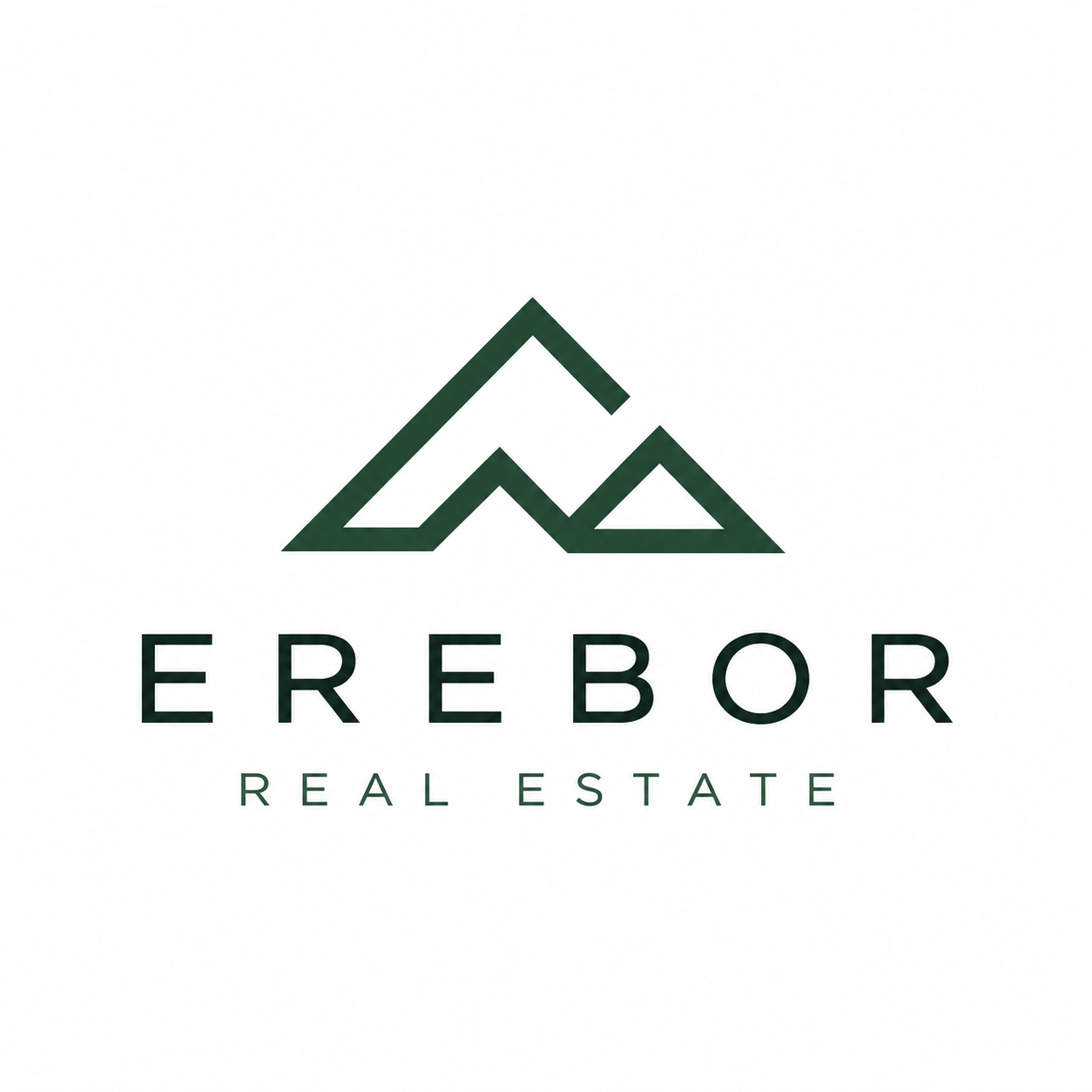 Logotipo de una compañía de bienes raíces llamada Erebor, que incluye un símbolo estilizado de montañas y el texto 'EREBOR' y 'REAL ESTATE'.