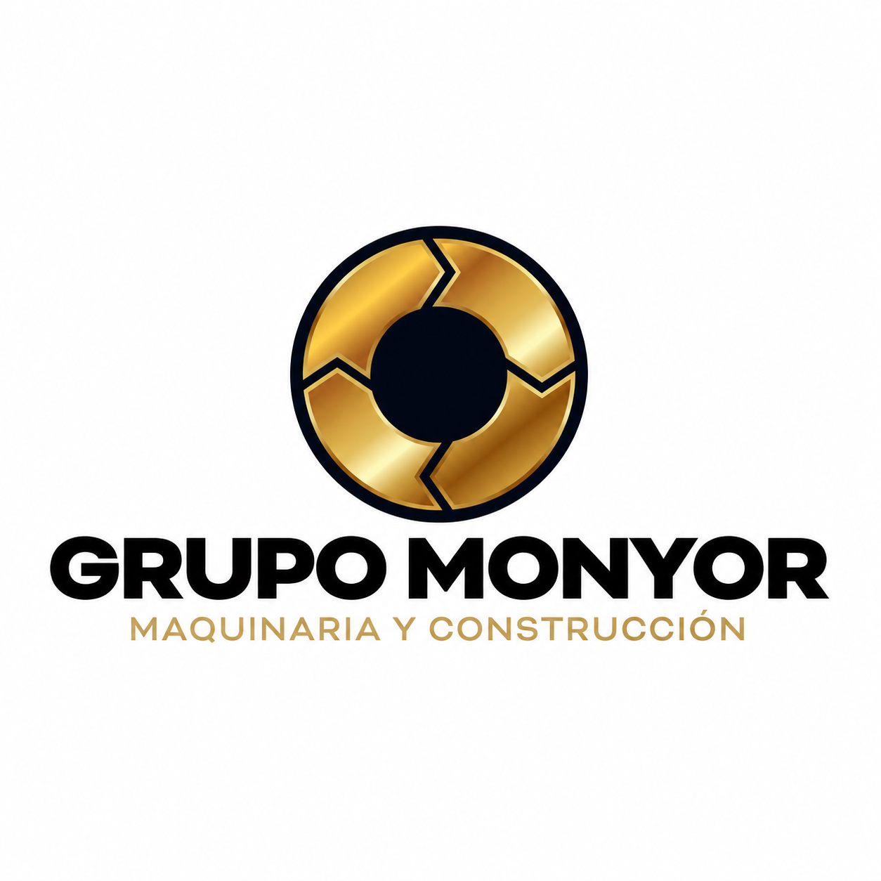 Logotipo del Grupo Monyor, con un círculo dorado con segmentos en negro, y texto en negro y dorado debajo que dice 'GRUPO MONYOR' y 'MAQUINARIA Y CONSTRUCCIÓN'.