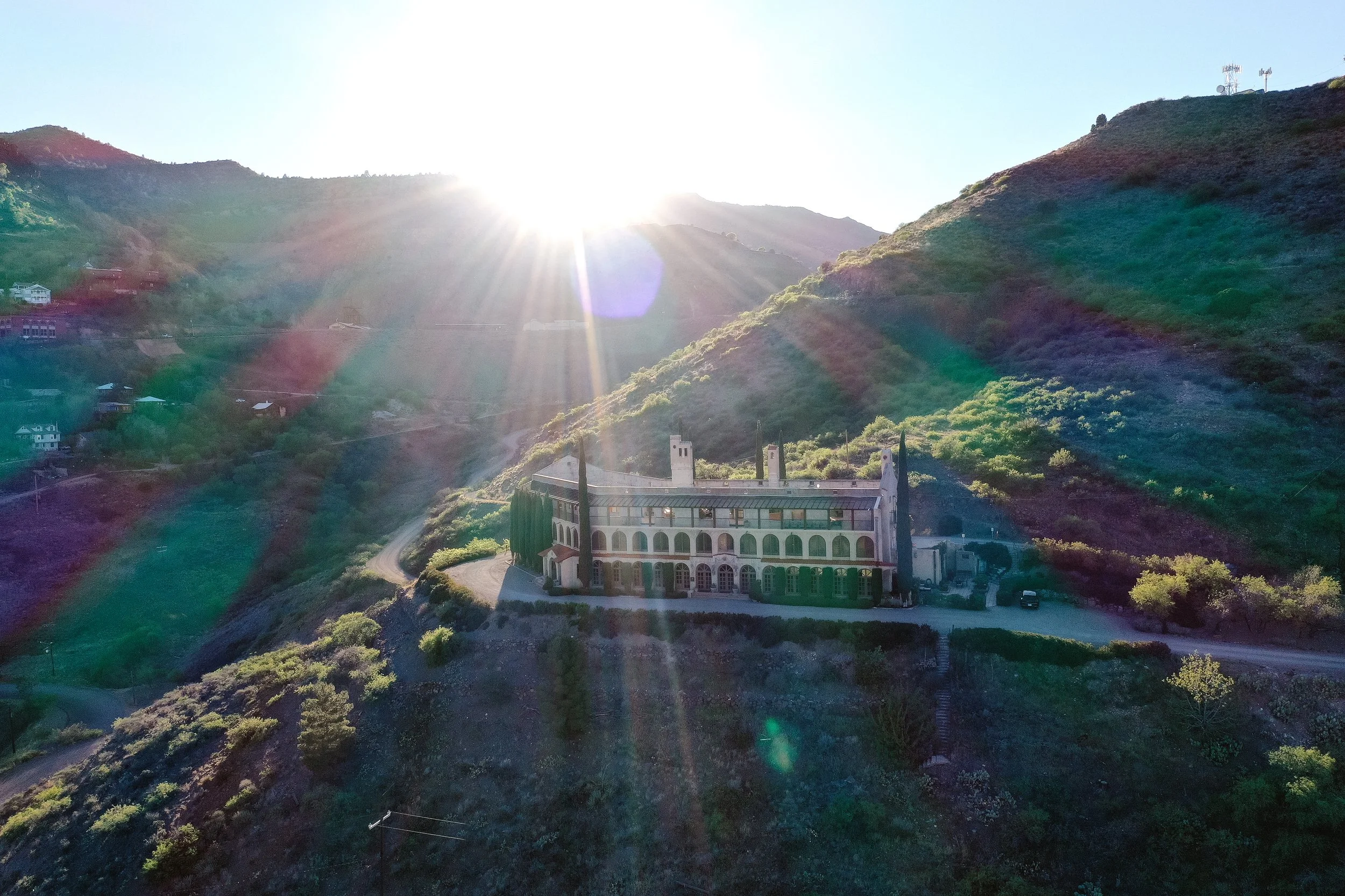 An aerial view of the Little Daisy is photographed with a drone by Megan Farmer, documentary style wedding photographer, in Jerome, Arizona. 