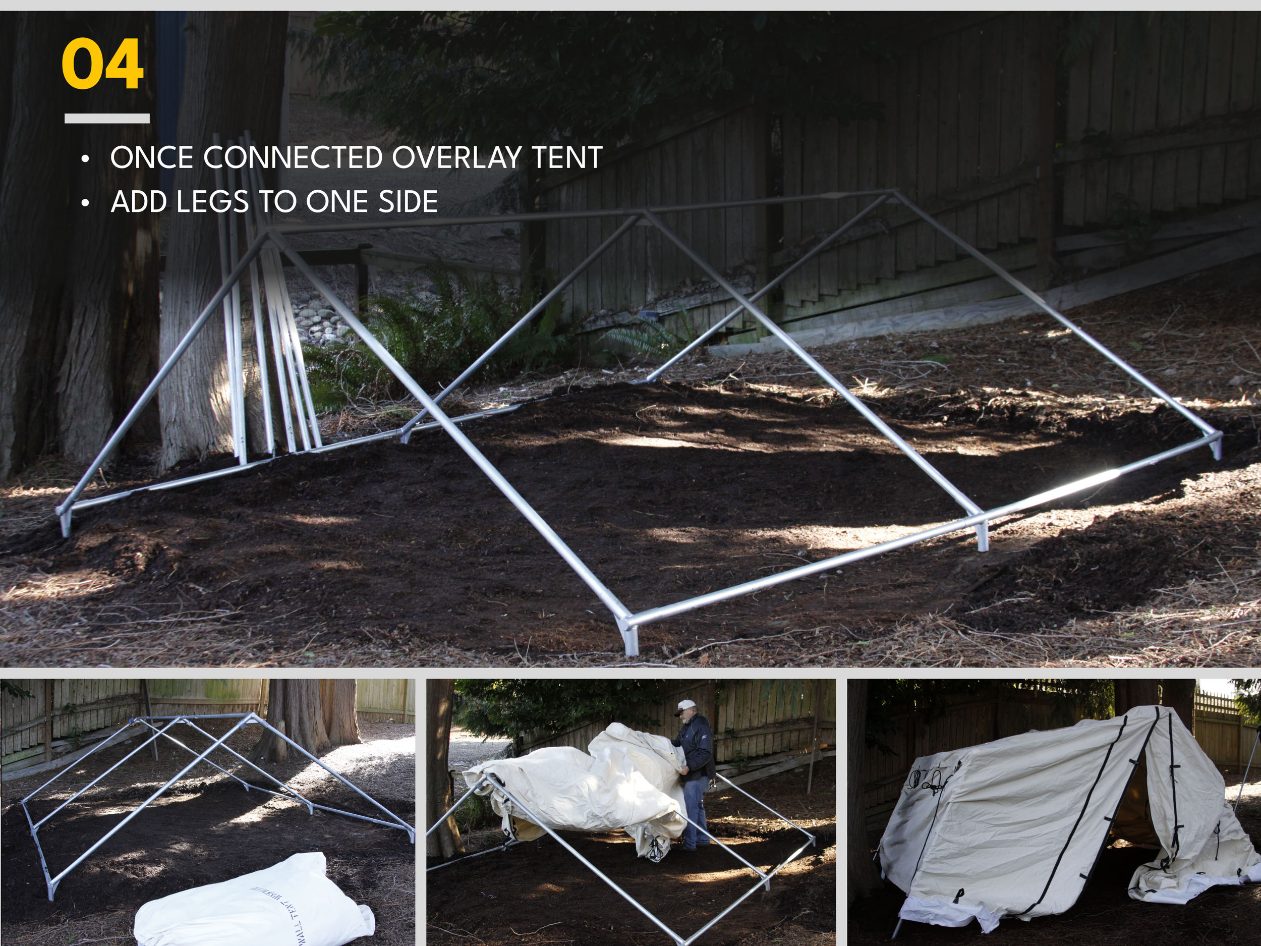 Steps for assembling a temporary outdoor tent: connect the metal frame, add legs to one side, secure with a white tarp or fabric as shown in multiple images.