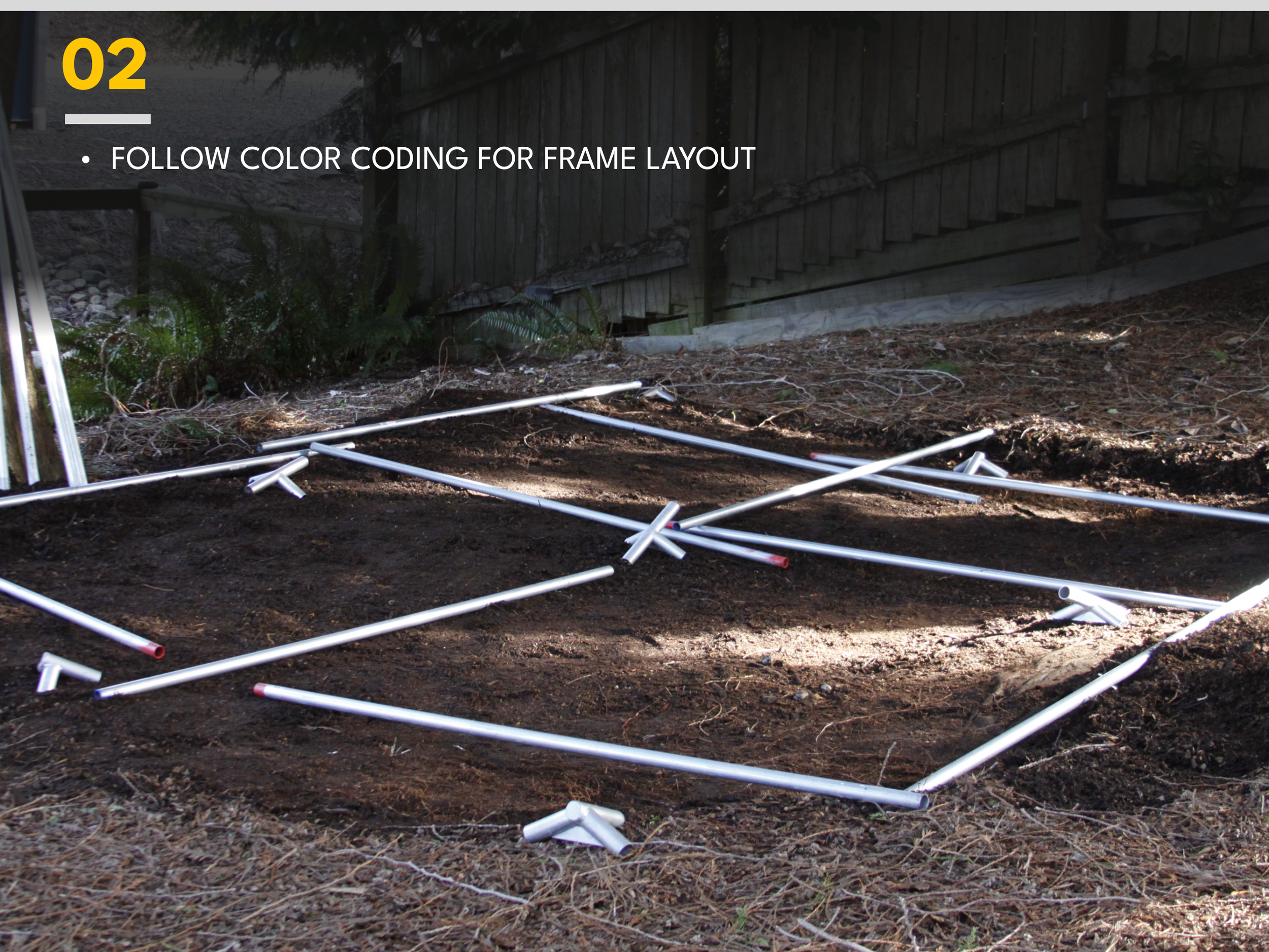 Disassembled metal pipe frame laid out on soil, with instructions to follow color coding for frame layout, in a backyard with a wooden fence and some plants.