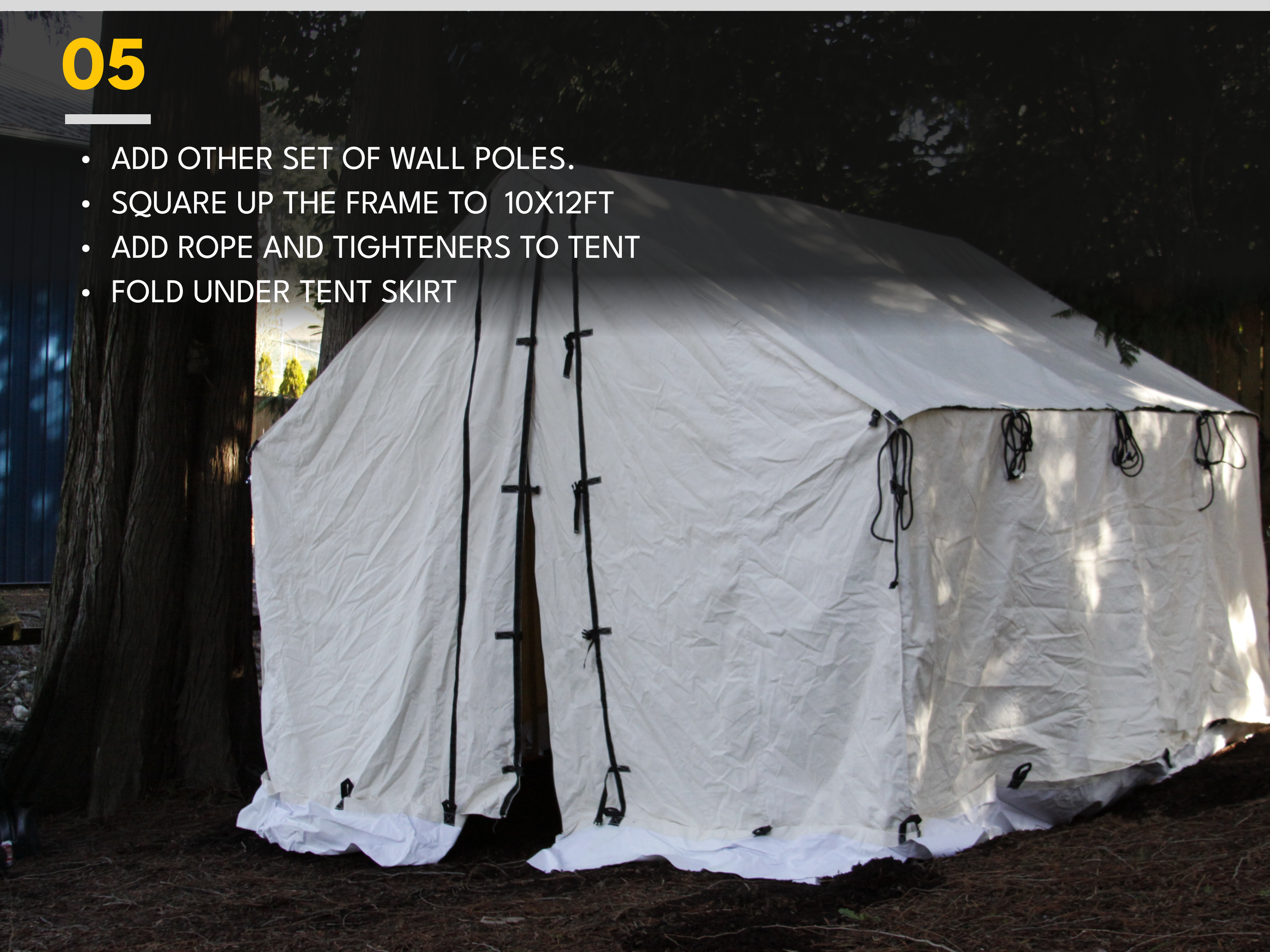 Instructions for setting up a tent next to trees, including adding wall poles, squaring the frame, adding ropes and tighteners, and folding under the tent skirt, overlaid on a photograph of a white tent in a wooded outdoor area.