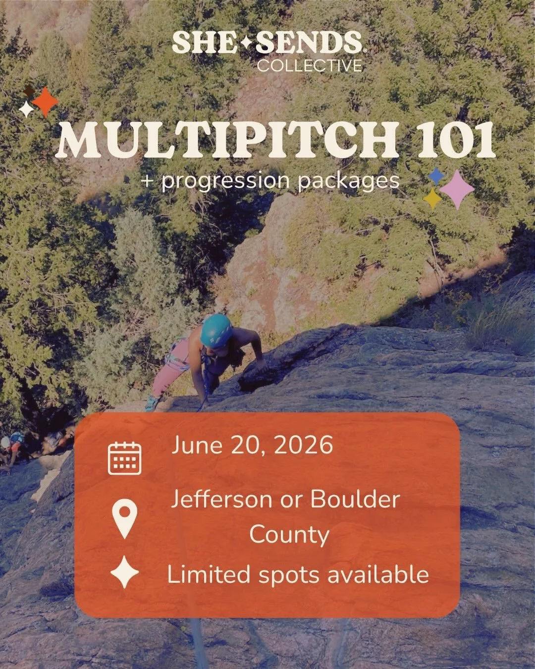 Intro to Multi-pitch with She Sends! 🧗&zwj;♀️✨

Colorado is full of climbs that go far beyond a single pitch &mdash; the kind of routes that catch your eye from the parking lot and leave you dreaming about bigger adventures. Multi-pitch climbing is 