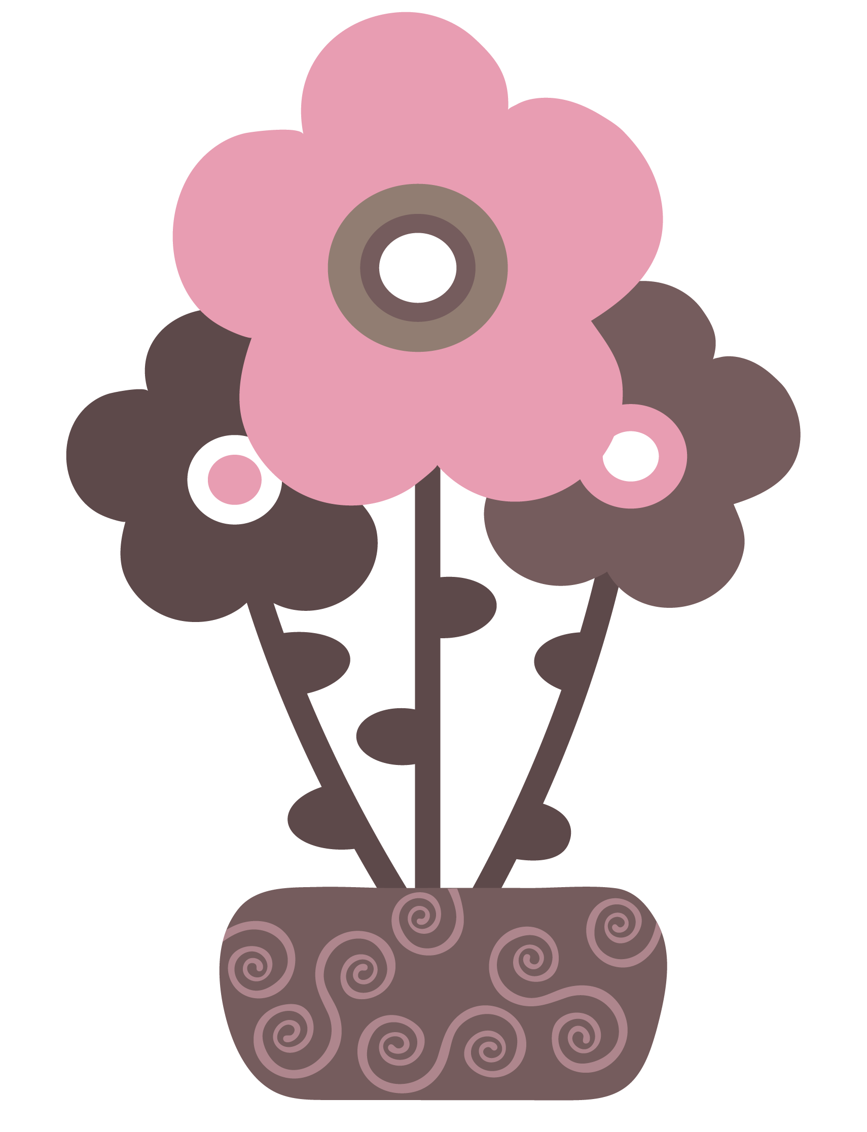 A stylized, abstract pink flower with a brown and white center, dark purple leaves, and spiral patterns at the base.