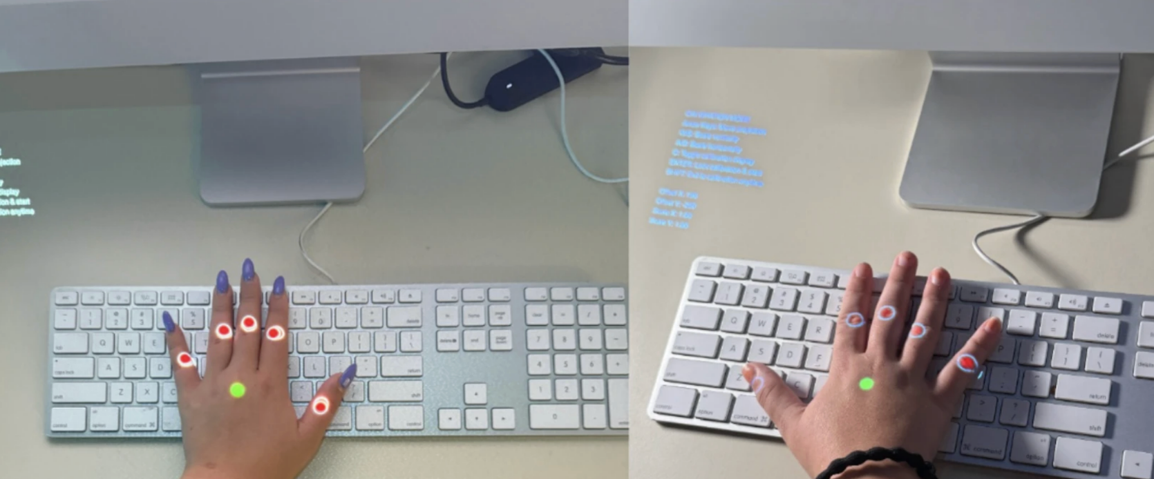 Calibration was one of the most important parts of the development of this project. Each of the red circles would be placed as closely as possible to the knuckles, and it was especially important for the thumb to be in the correct placement. Because 