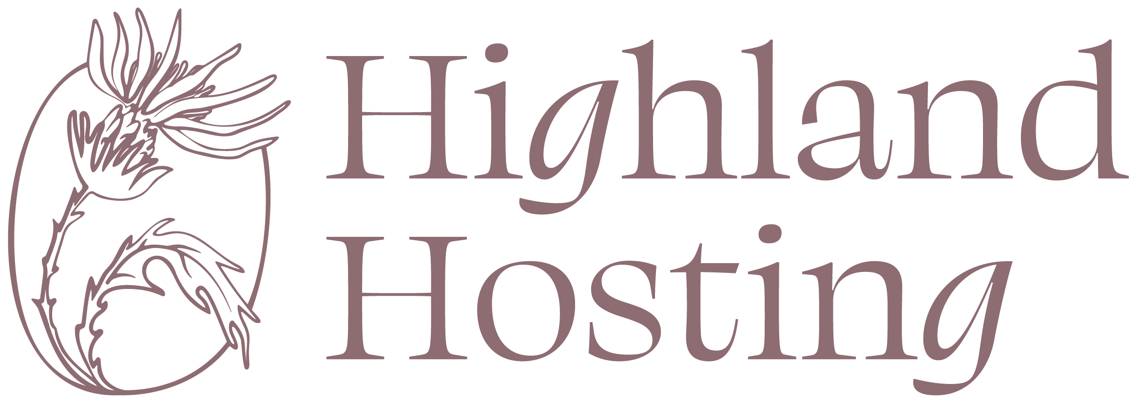 Logo for Highland Hosting featuring stylized outlines of two thistle flowers and the company name in a serif font.