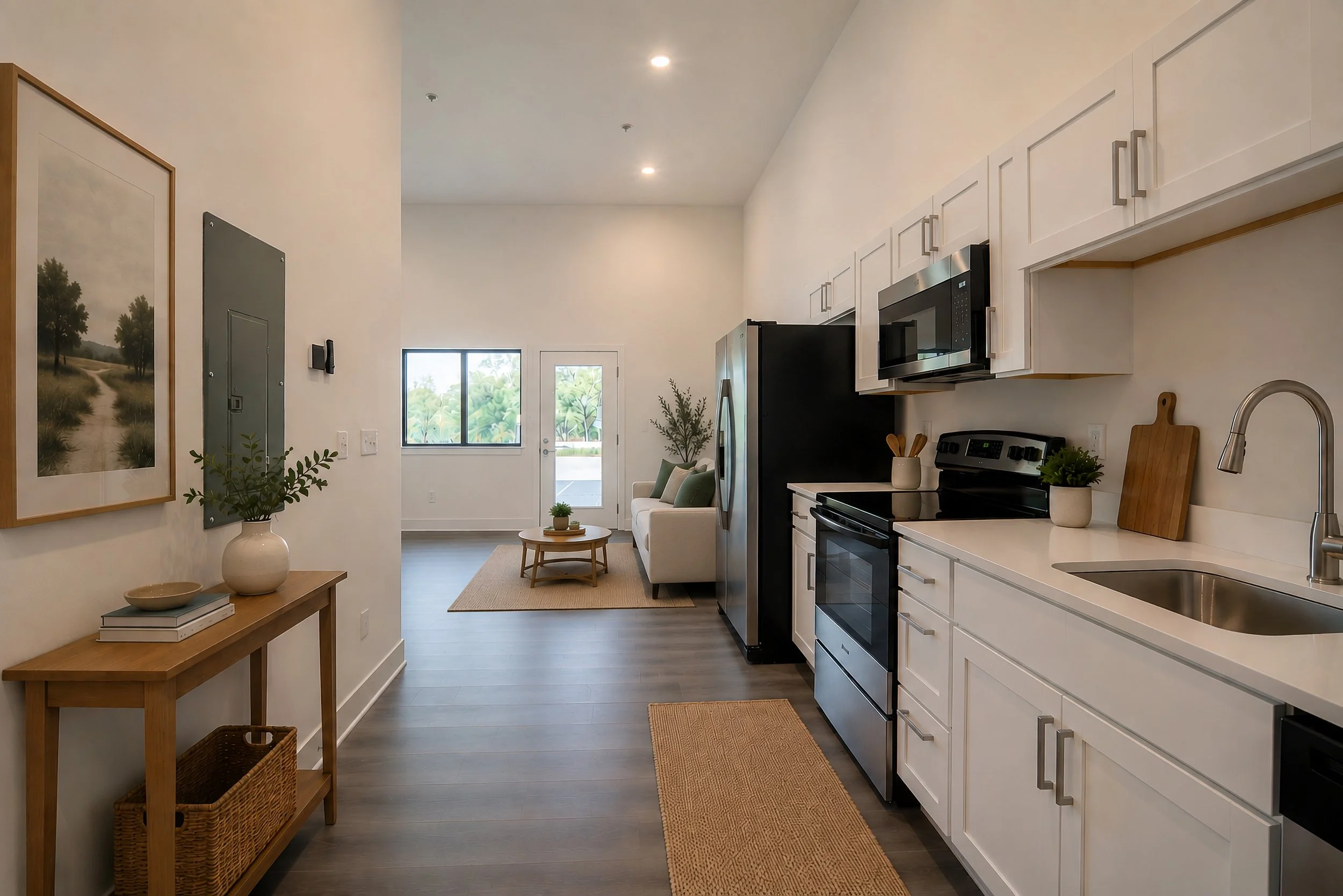 Virtually Staged modern apartment with a kitchen and living area, featuring white cabinets, a stainless steel refrigerator, a black oven, microwave, and small decorative plants, with a wooden table and framed landscape artwork on the wall.