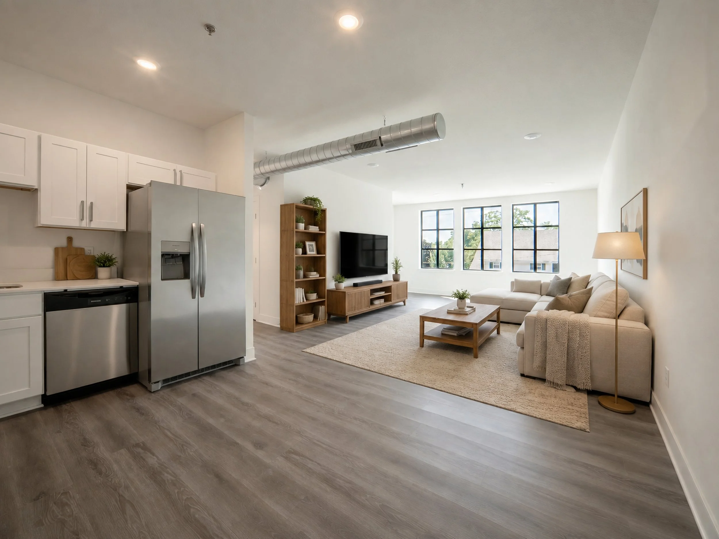Virtually staged open-concept living room and kitchen with white cabinets, stainless steel appliances, wooden furniture, and large windows letting in natural light.