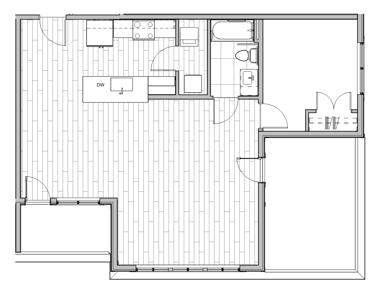 Floor plan of an apartment with a kitchen, bathroom, living area, and two bedrooms.