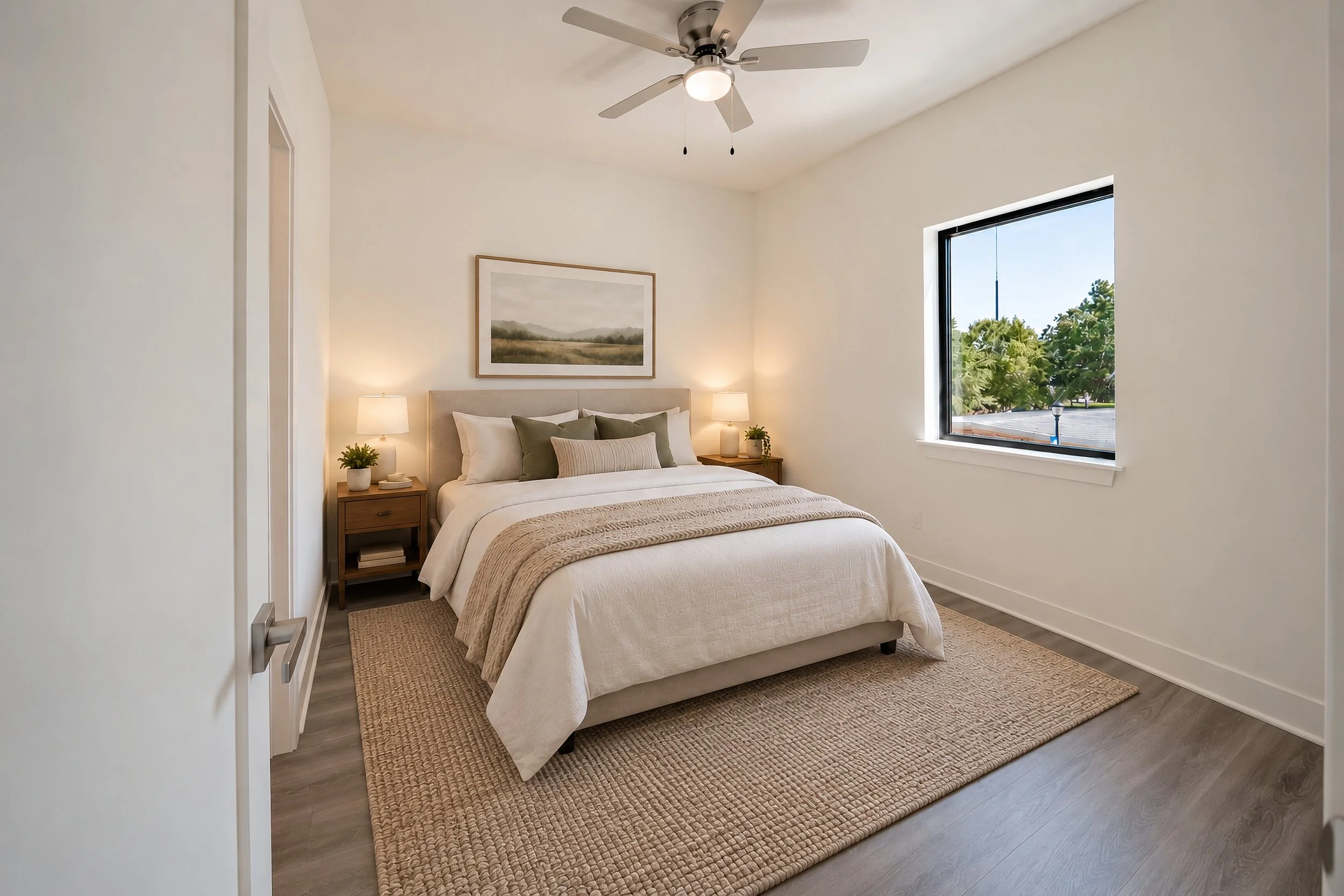 Virtually staged bedroom with a bed, two nightstands with lamps, a framed landscape picture above the bed, a window showing trees outside, a ceiling fan, and a beige rug on a wood floor.