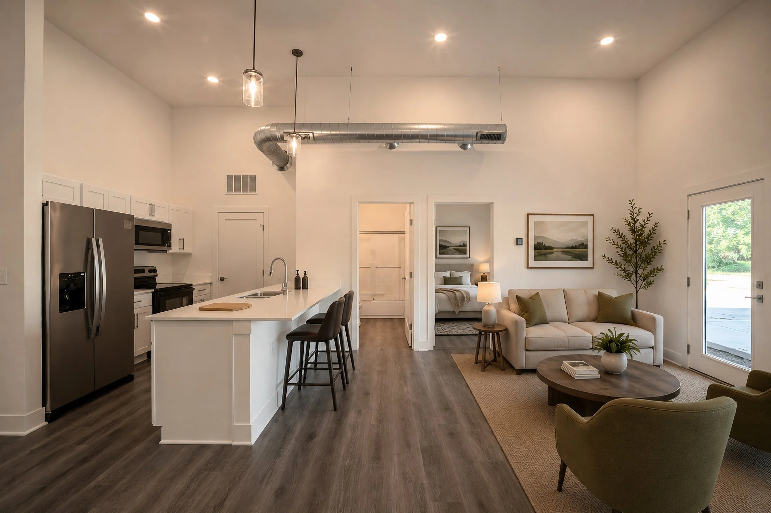 Virtually  staged living room and kitchen area with white walls, dark hardwood floors, modern kitchen appliances, a white island with seating, and a beige sofa with pillows. There are framed landscape art pieces on the wall.