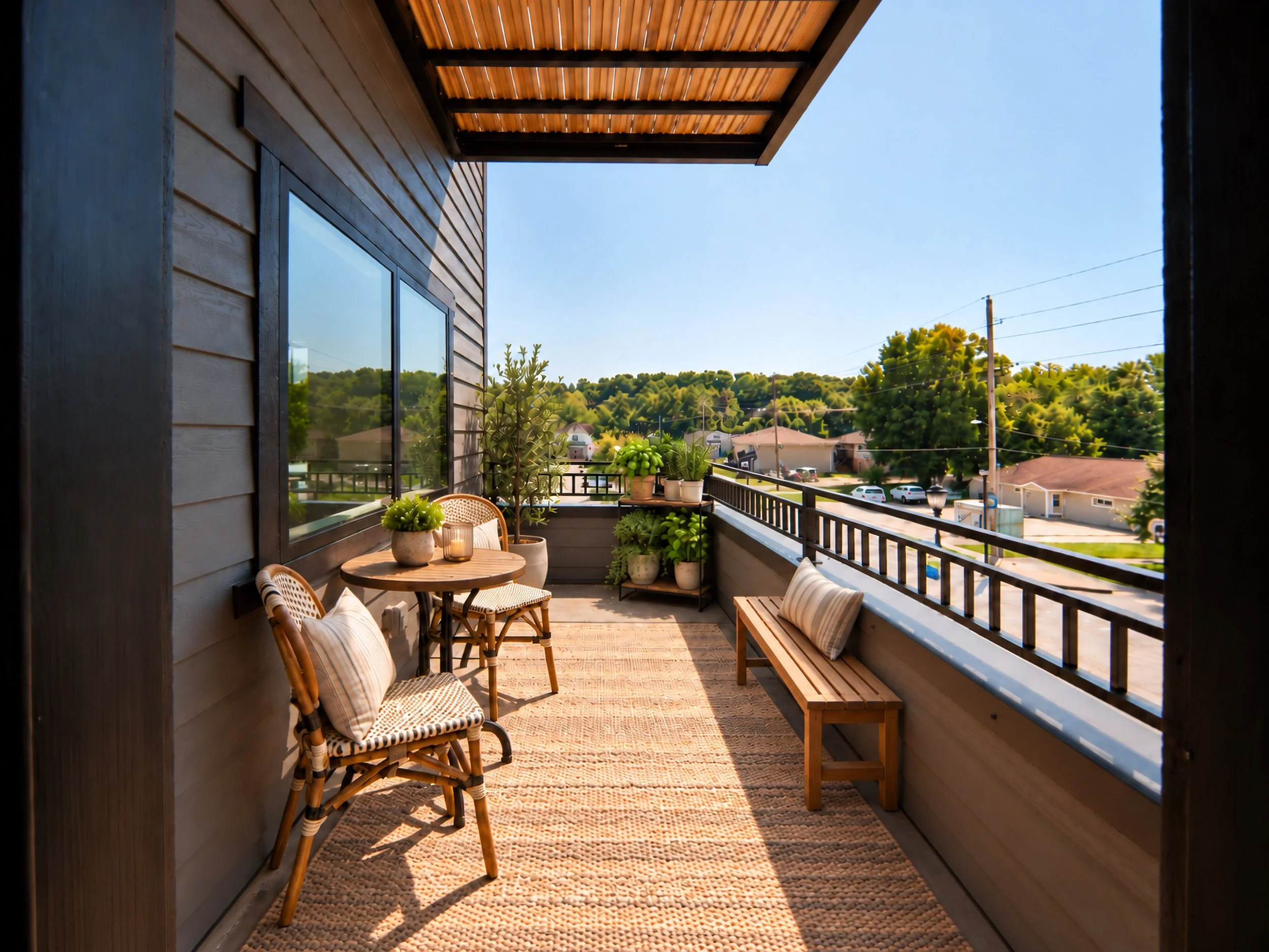Virtually staged balcony with wooden siding, potted plants, outdoor chairs, and a bench, overlooking a suburban neighborhood with trees and houses under a clear blue sky.