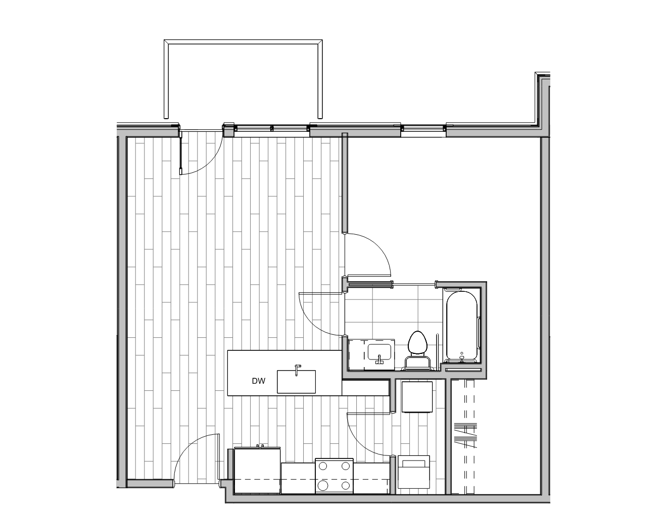 Floor plan of an apartment with a kitchen, bathroom, and living area.