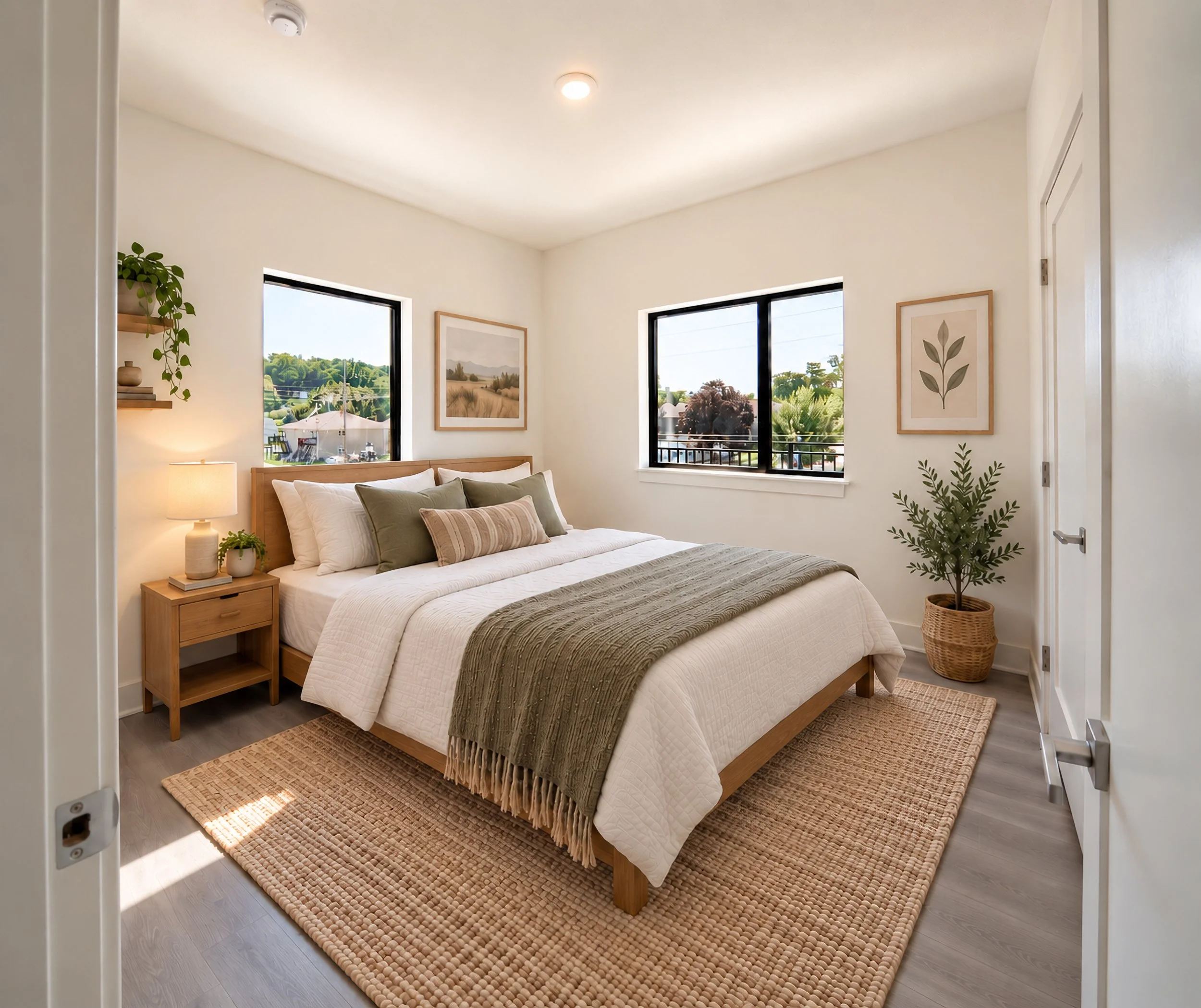 Virtually staged bedroom with a wooden bed frame, white bedding, and green throw pillows. A natural fiber rug is under the bed, and a small wooden nightstand with a lamp and potted plant on it. Two large windows show a green landscape outside.