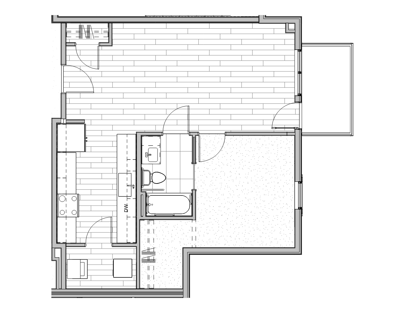 Floor plan of an apartment including living room, kitchen, bathroom, bedroom, and a balcony.