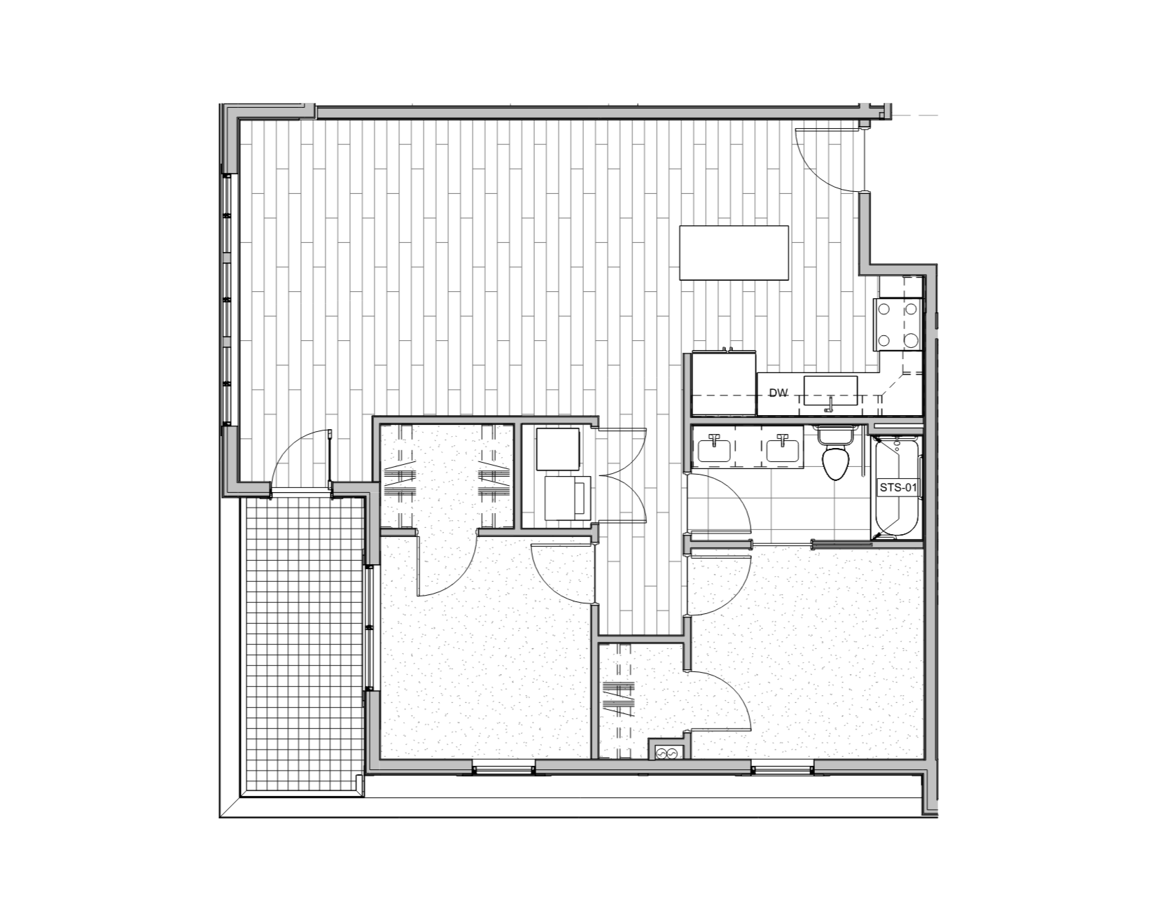 Floor plan of a residential unit showing multiple rooms, a kitchen with a stove, a bathroom with a bathtub, and outdoor patio space.