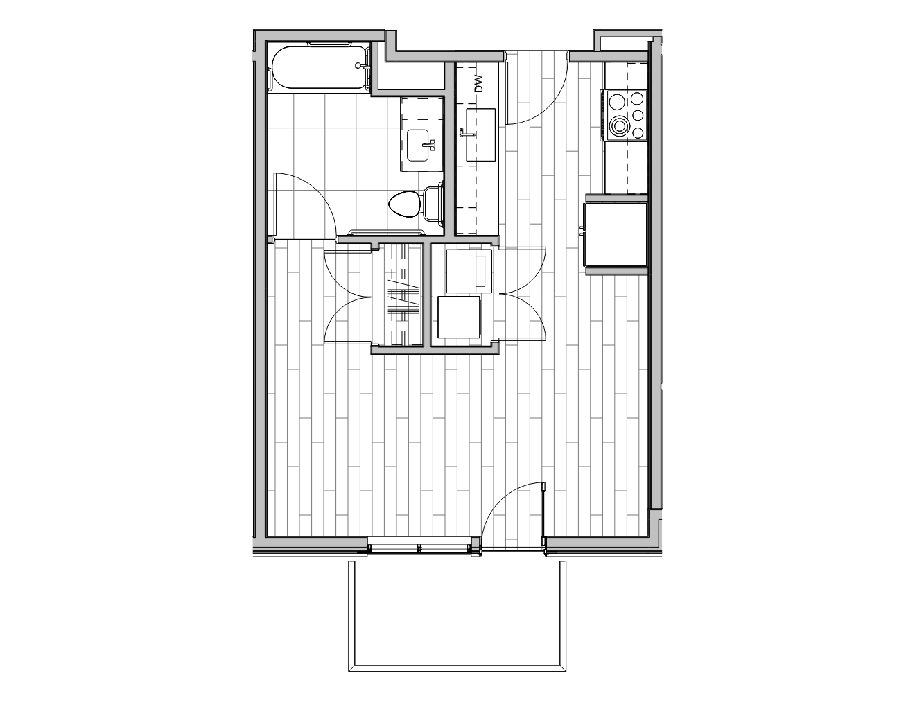Floor plan of a small apartment or studio with an entry door, open living area, kitchen, bathroom, and small closet space.