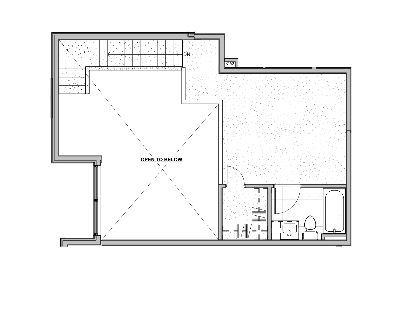 Floor plan of a residential space showing a large open area labeled "OPEN TO BELOW," a staircase, a bathroom with a bathtub, toilet, and sink, and a separate small room potentially a closet or laundry area.