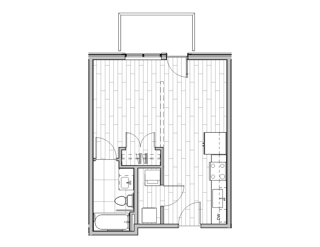 Floor plan of a small apartment with a combined living and kitchen area, bathroom, and closet.