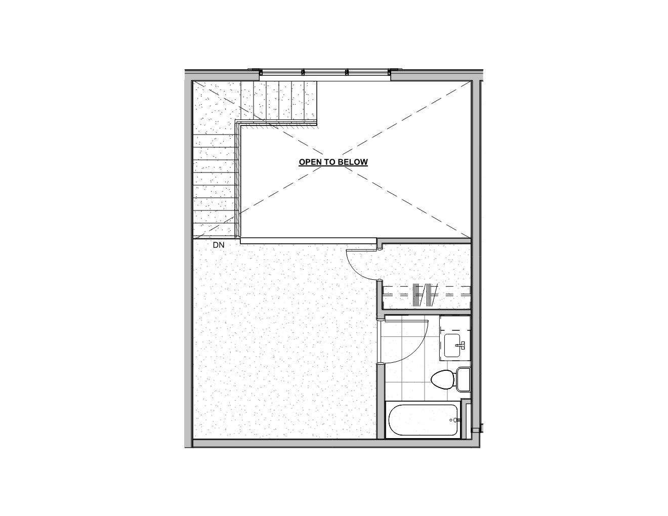 Floor plan of a small apartment with an open space, a bathroom, and a staircase leading down, labeled 'open to below'.