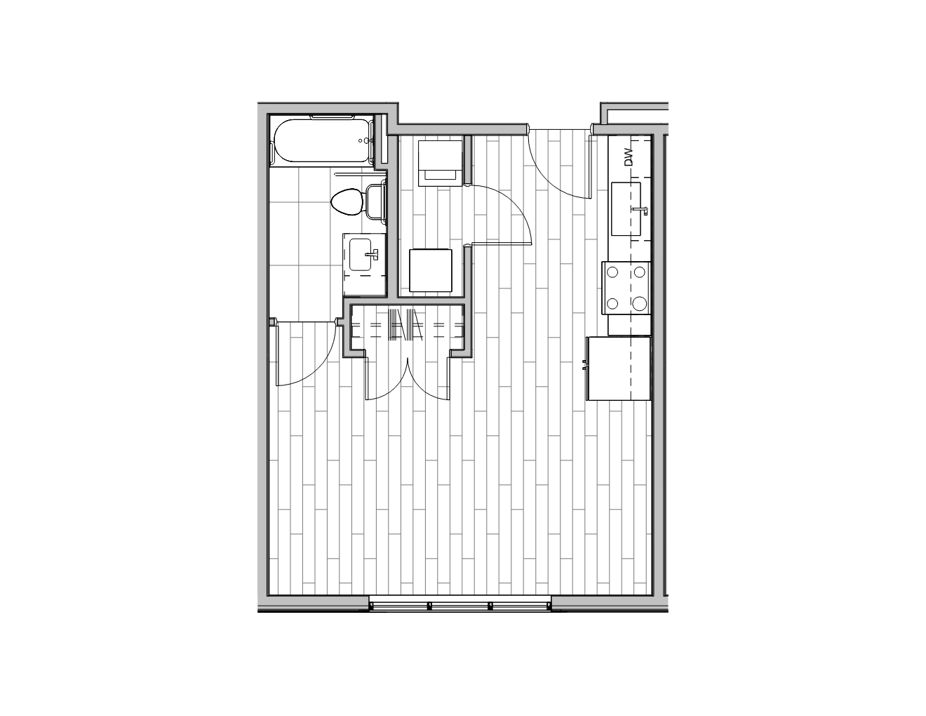 Floor plan of a small apartment with a bathroom, kitchen, and living space.