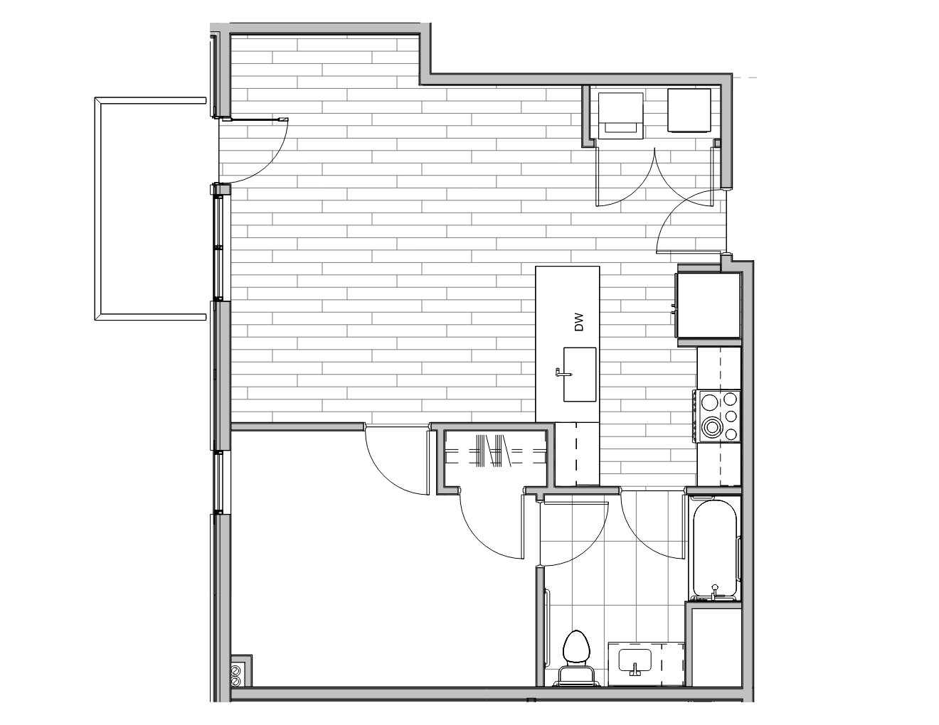 Floor plan of a one-bedroom apartment with a living room, kitchen, bathroom, and bedroom.