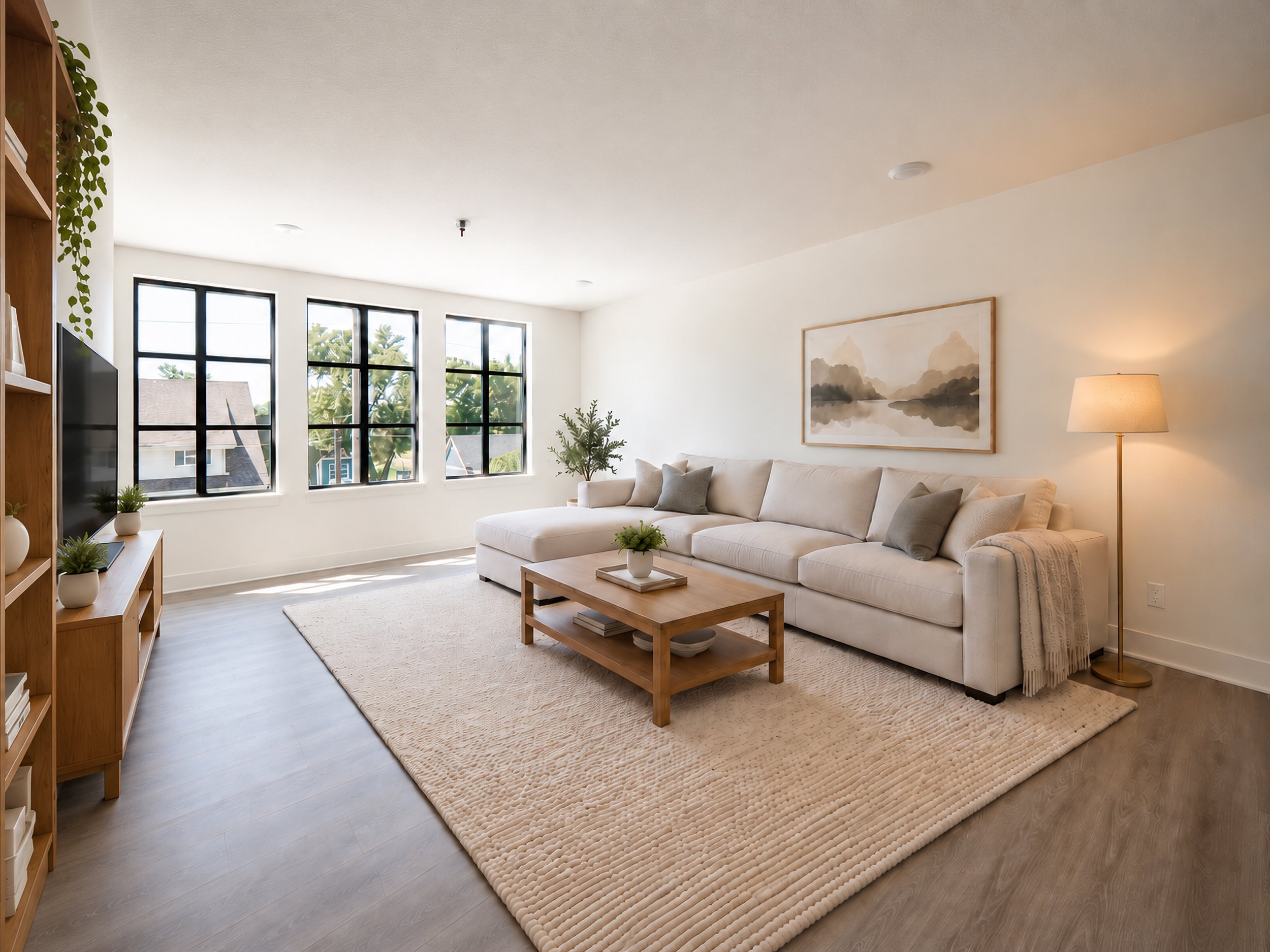 Virtually staged bright living room with large windows, a white sectional sofa with gray and beige pillows, a wooden coffee table with a small plant, a beige textured rug, and a floor lamp.