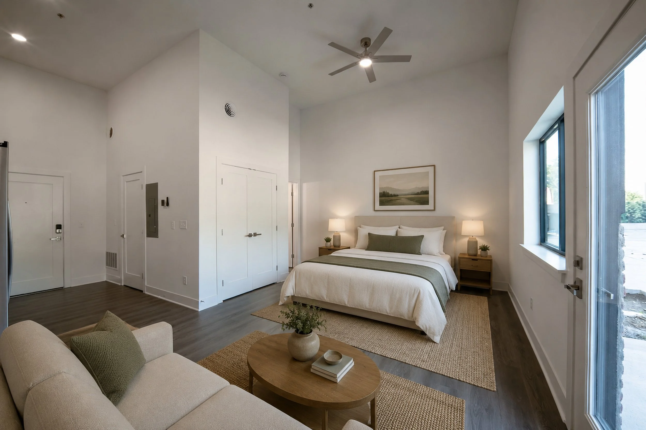 Virtually Staged bright bedroom with white walls and ceiling, large window, and ceiling fan. There is a bed with white bedding and green pillows, two nightstands with lamps, framed landscape picture above the bed.
