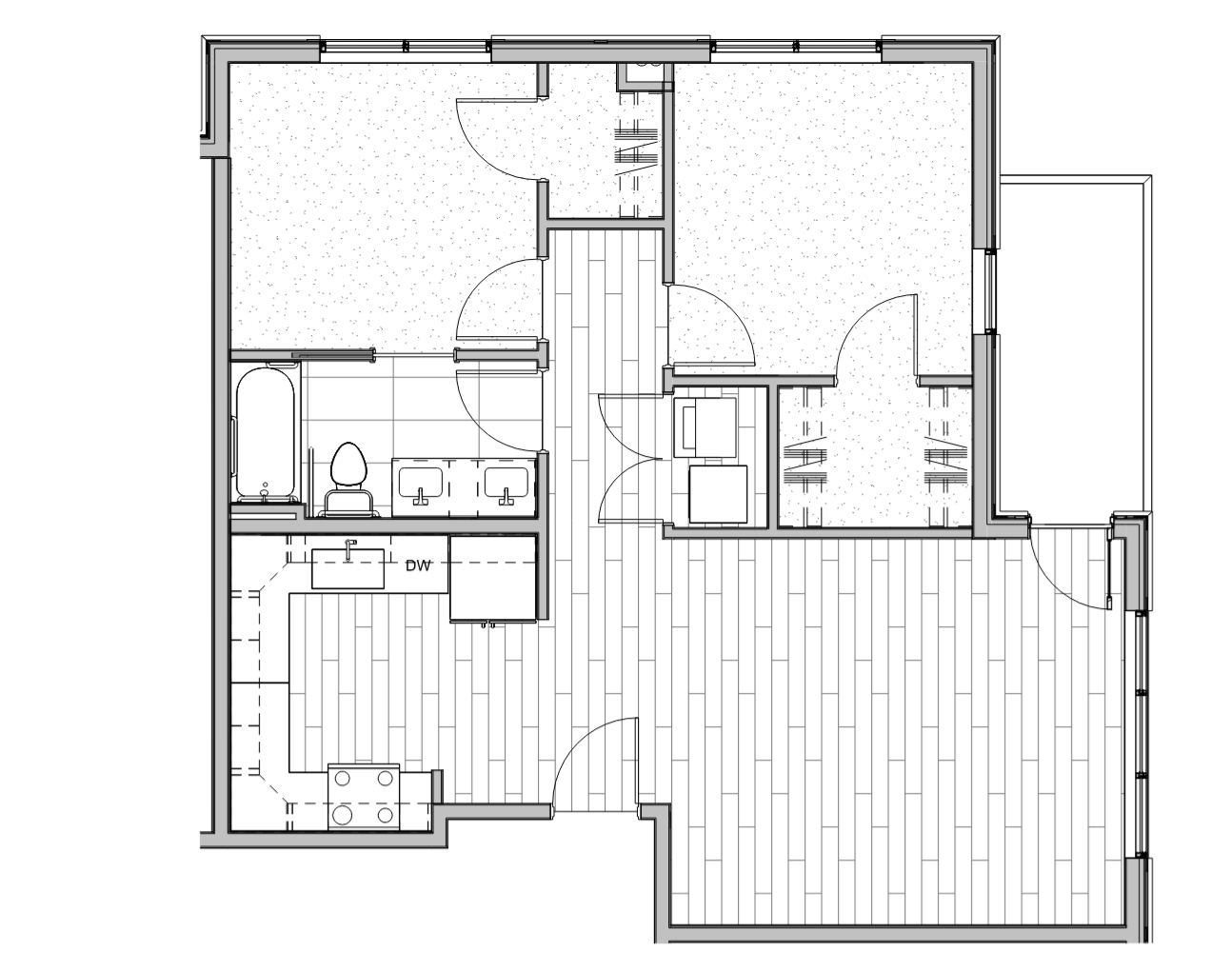Floor plan of a house showing rooms, doors, and kitchen appliances.