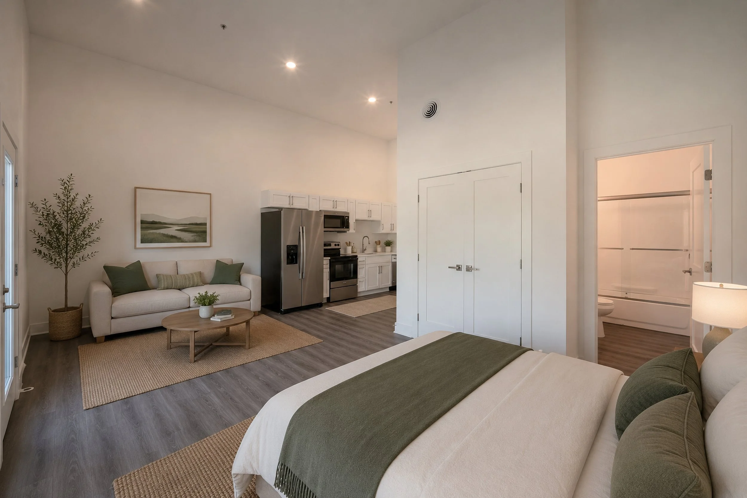Open-plan living room with a beige sofa and green pillows, a wooden coffee table, a framed landscape painting, a potted plant, and a kitchen area with white cabinets, stainless steel appliances, and a bathroom visible through an open door.