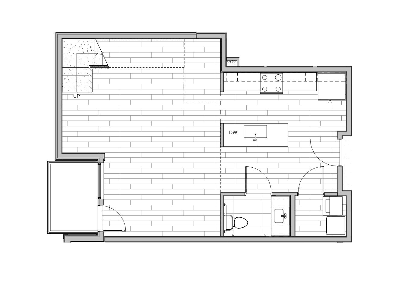 Floor plan of an apartment with a kitchen, living area, bathroom, and two other rooms.
