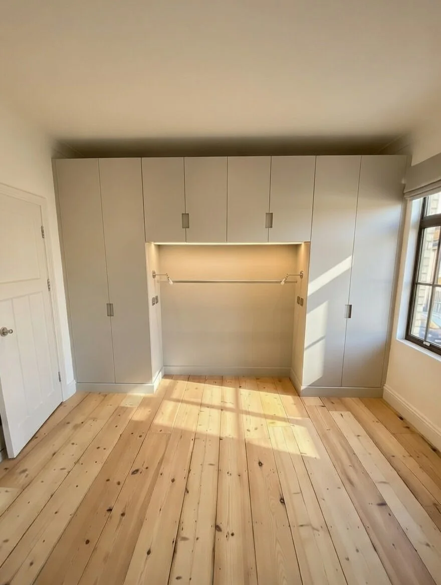 Built-in interior joinery, cupboards and clothes rack all made bespoke. Made in Crystal Palace, built in Peckham