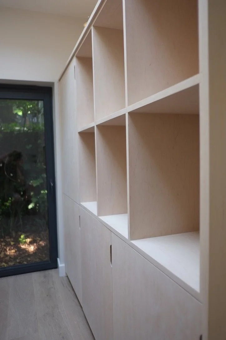 Built-in interior joinery, shelving and cupboard space made from birch ply. Made in Crystal Palace, built in, Clapham.