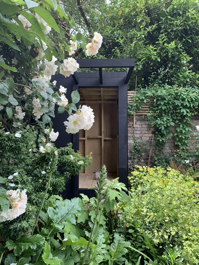 A garden scene featuring a small black wooden structure with an unfinished interior, surrounded by lush green plants and white flowers, with a brick wall and more vegetation in the background.