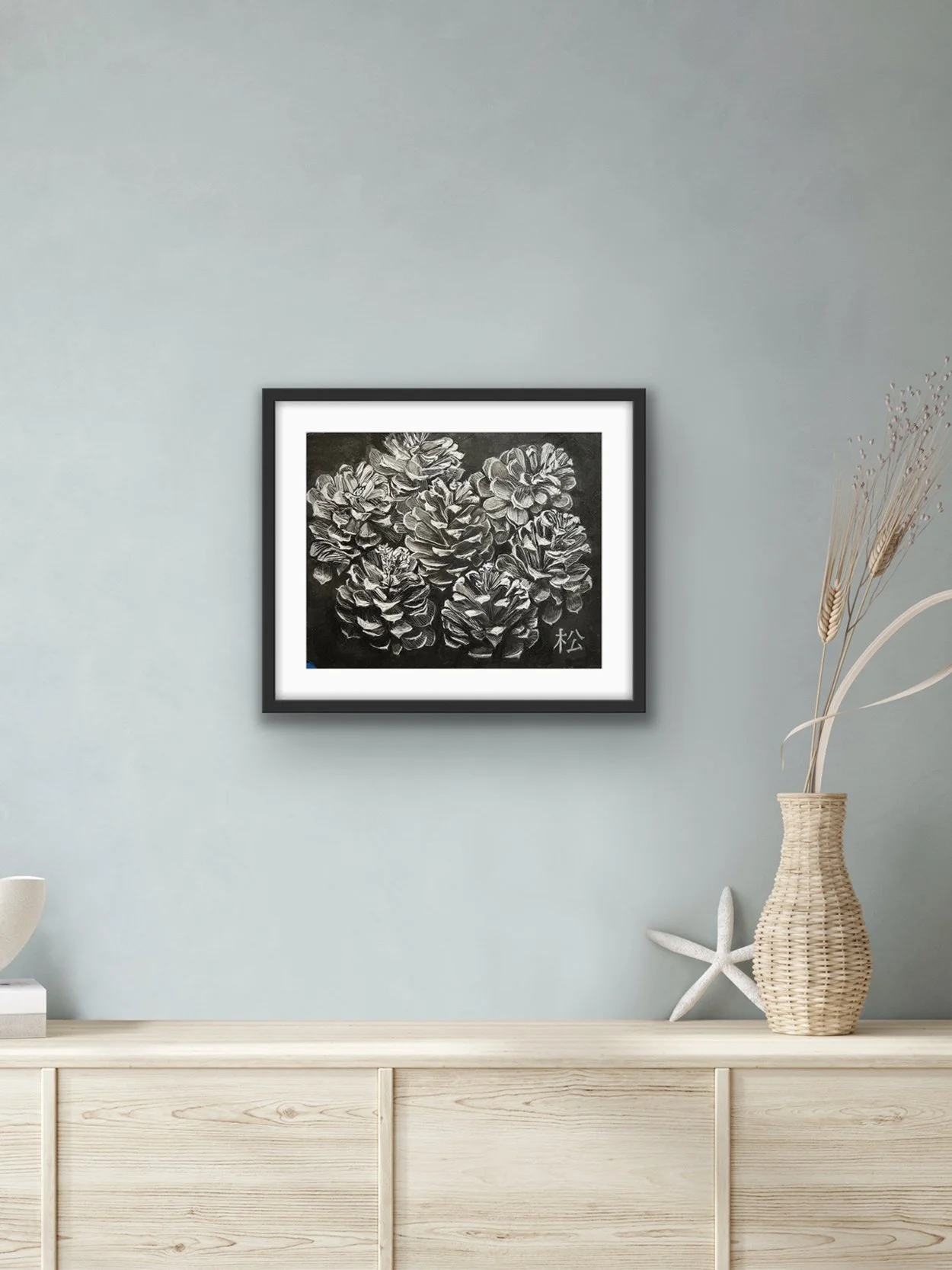 7-Pinecones-charcoal-drawing-2025-Ron-Antone8x10-framed.jpg