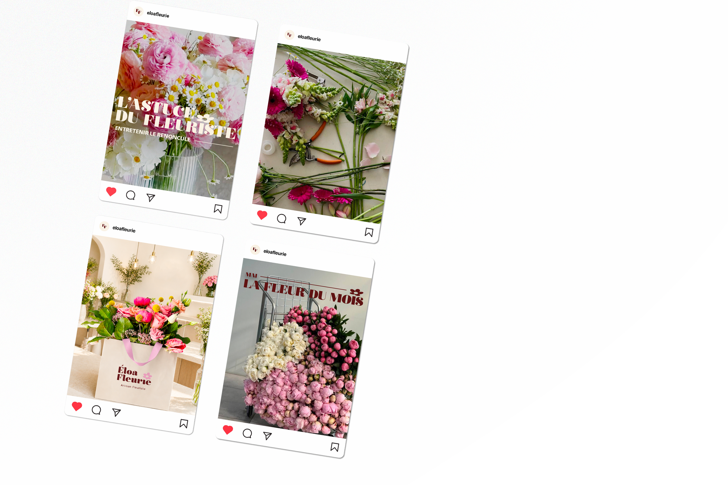Collage de plusieurs images de bouquets de fleurs colorées, notamment roses, marguerites, et autres fleurs, avec textes en français sur le sujet de la fleuristerie et de la décoration florale.