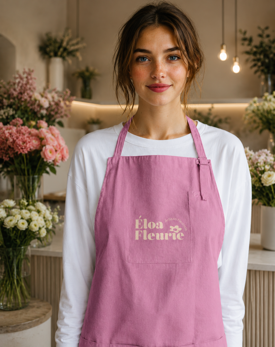 Une jeune femme avec des cheveux bruns, portant un tablier rose avec le nom 'Éloa Fleurie' écrit dessus, se tient dans une boutique de fleurs entourée de bouquets colorés de fleurs