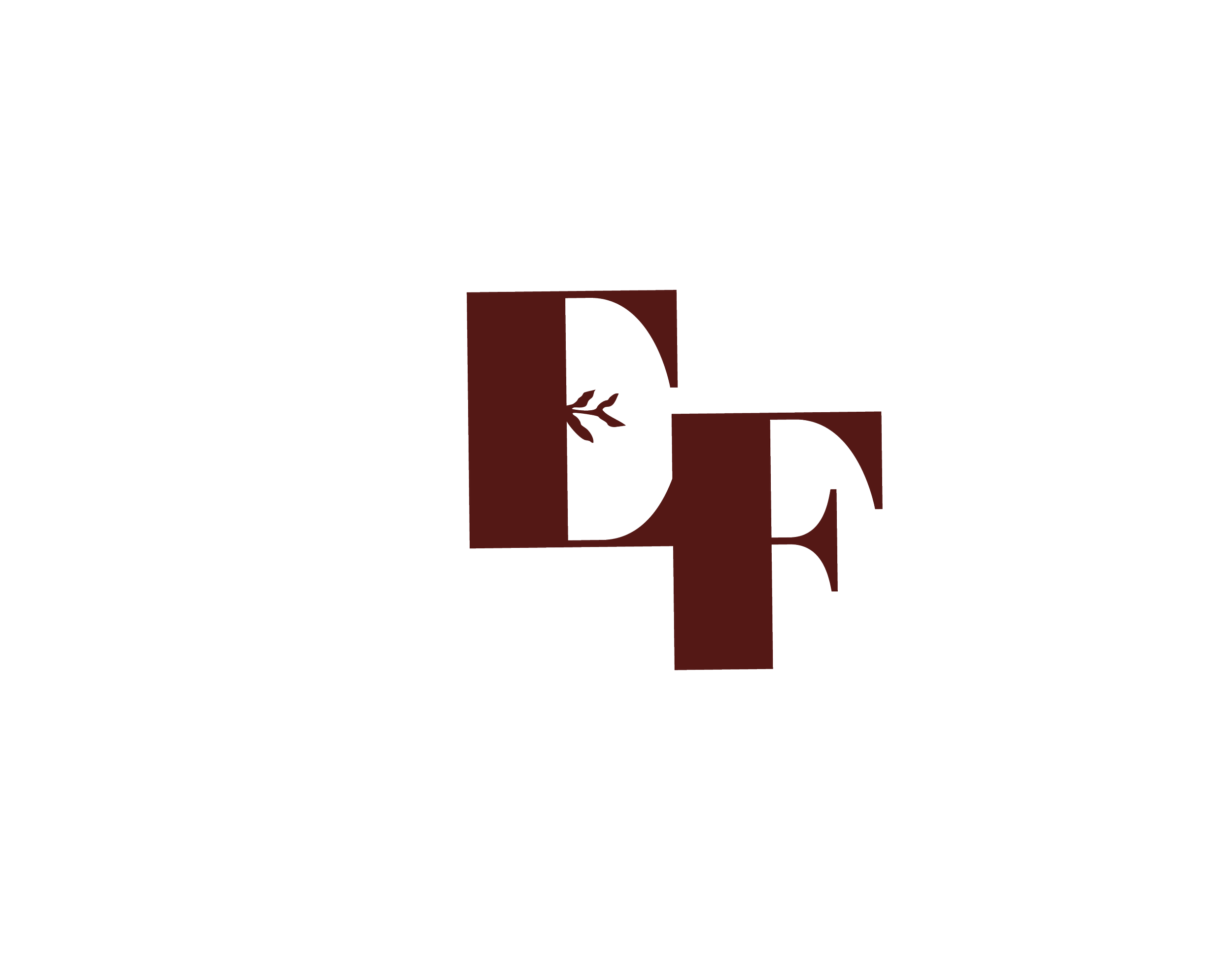 Mot en anglais écrit en majuscules avec une couleur marron foncé, entouré d'un fond noir, avec une branche d'olivier passant devant la lettre E