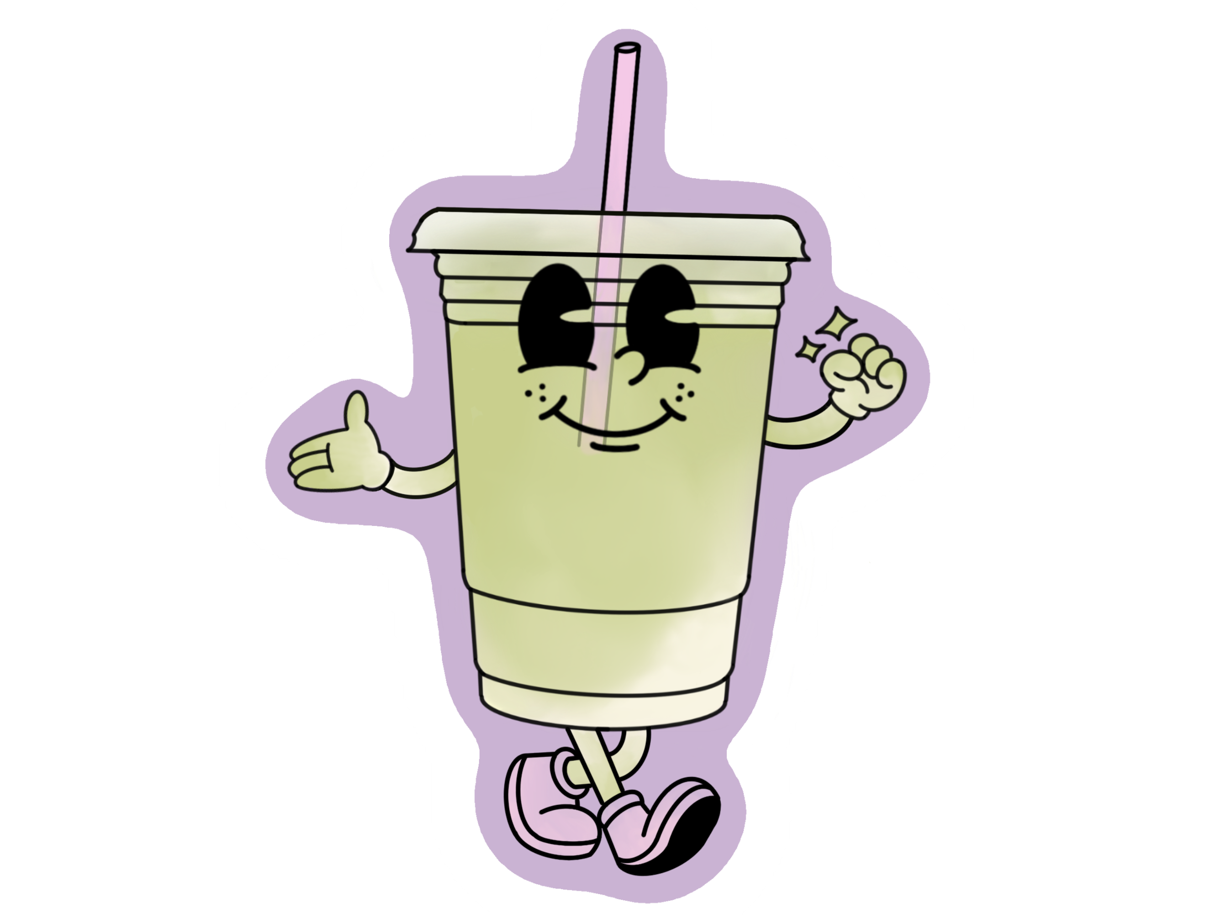 Une illustration d'une tasse de café souriante, avec des yeux fermés, une bouche souriante, et un bras levant un pouce en signe de approbation, sur un fond violet.