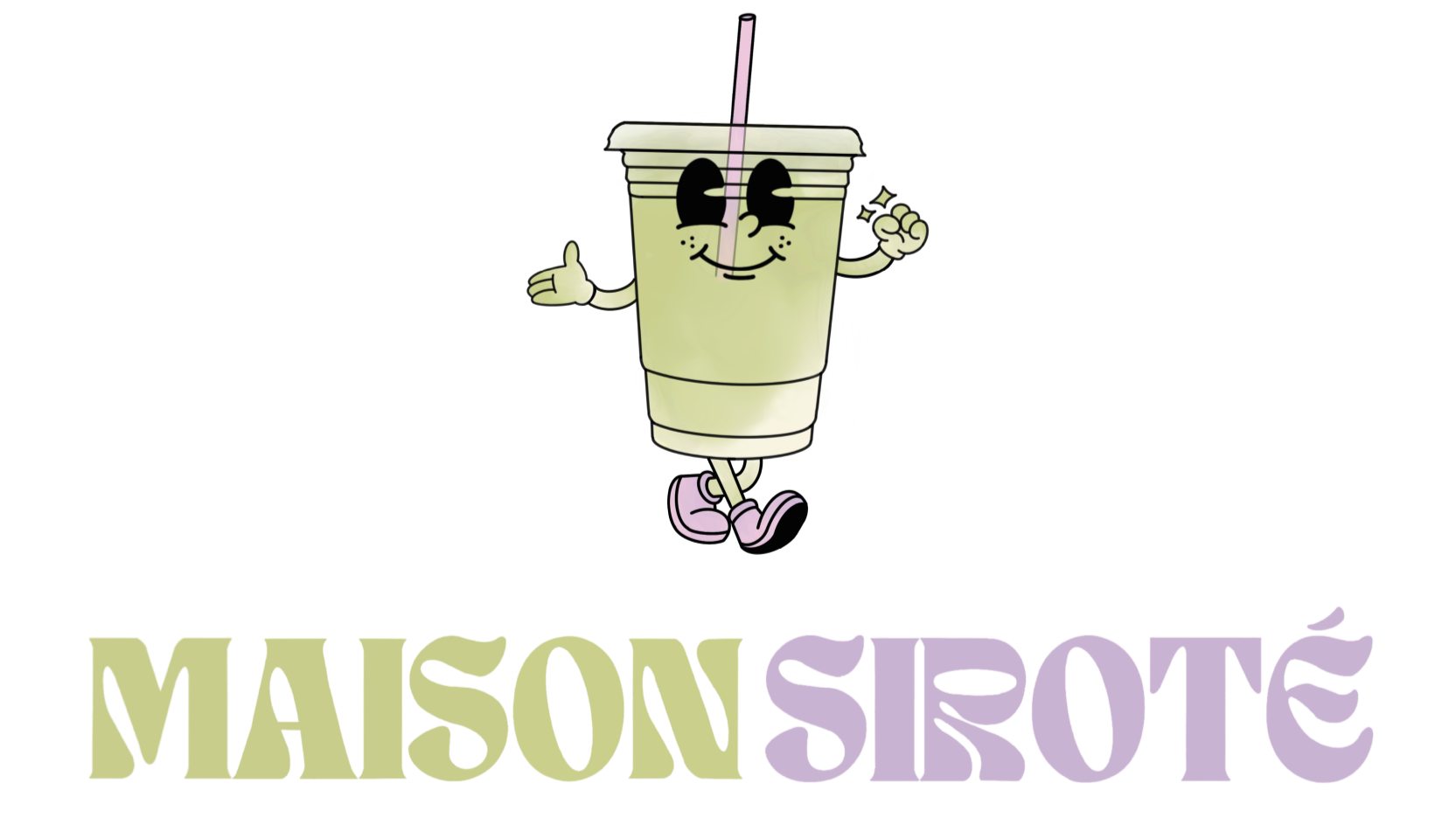 Une illustration d'une boisson dans un gobelet en papier avec une paille, un visage souriant et des bras levés avec des gestes de victoire. En dessous, le texte stylisé "MASCULIN".