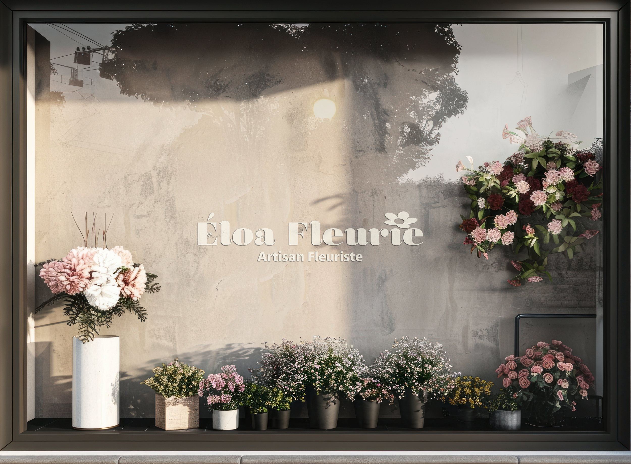 Vitrine de fleurs avec des bouquets de différentes tailles et couleurs, inscriptions 'Élora Fleurie Artisan Fleuriste'