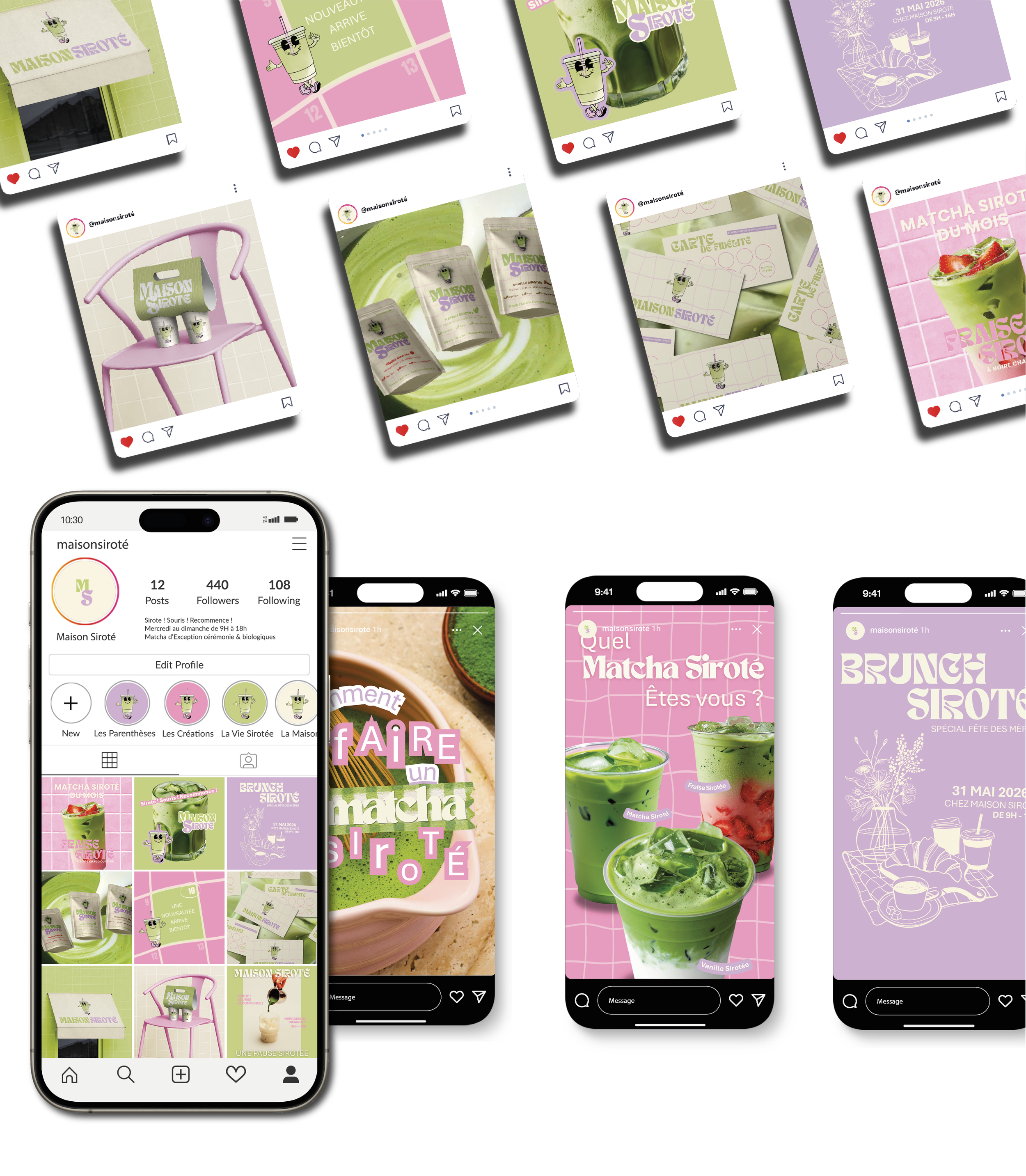 Affiches publicitaires et profil Instagram pour Maison Siroté, mettant en avant des boissons à base de matcha, avec des designs en vert, rose et violet, incluant des smoothies et des produits liés au matcha.