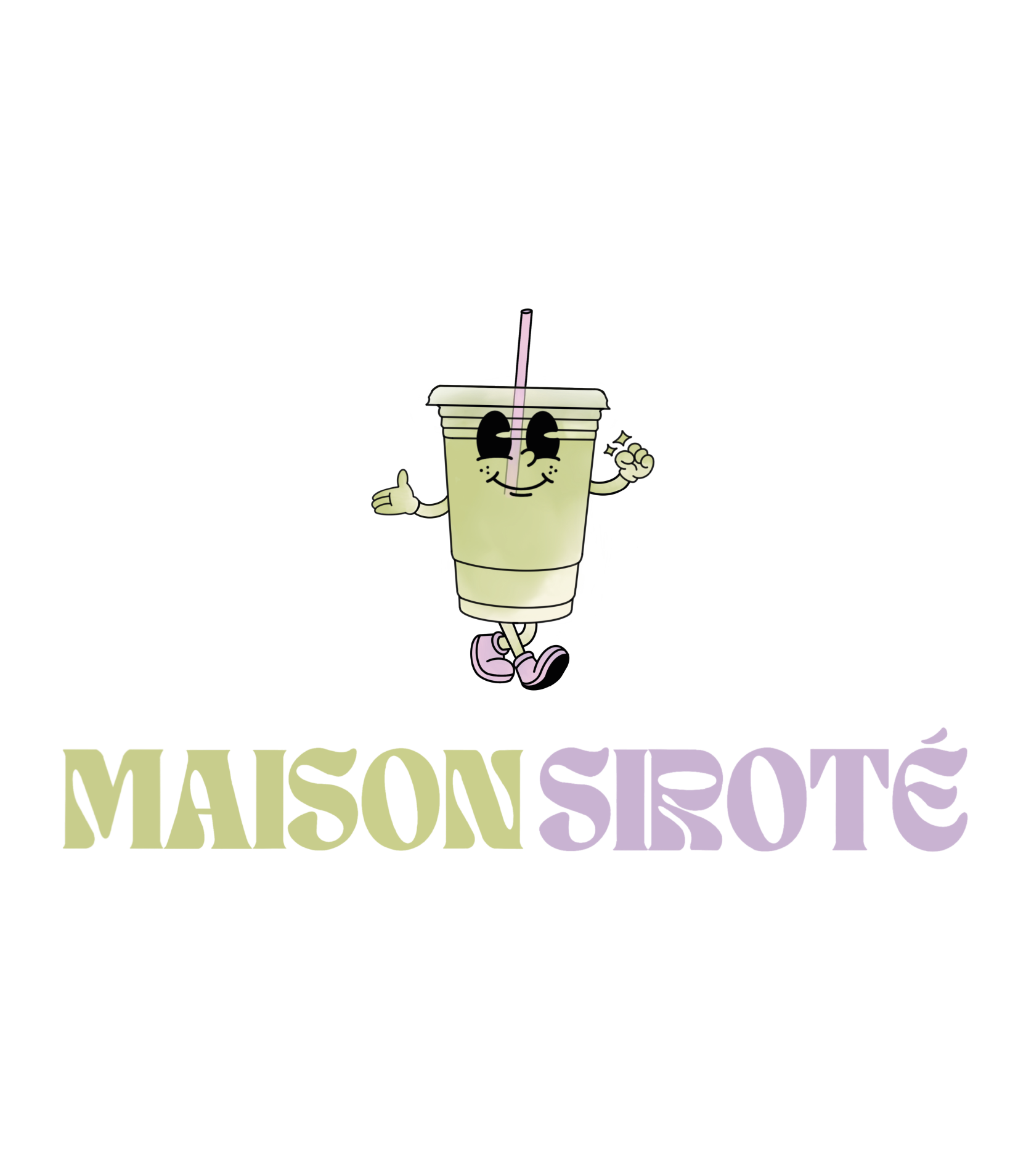 Une illustration de style cartoon d'un verre de shake ou boisson glacée avec un visage souriant, des bras et des jambes, portant des chaussures roses, avec une paille rose et une cuillère. En dessous, il y a du texte stylisé en lettres violettes et jaunes avec le mot 'WELCOME'.