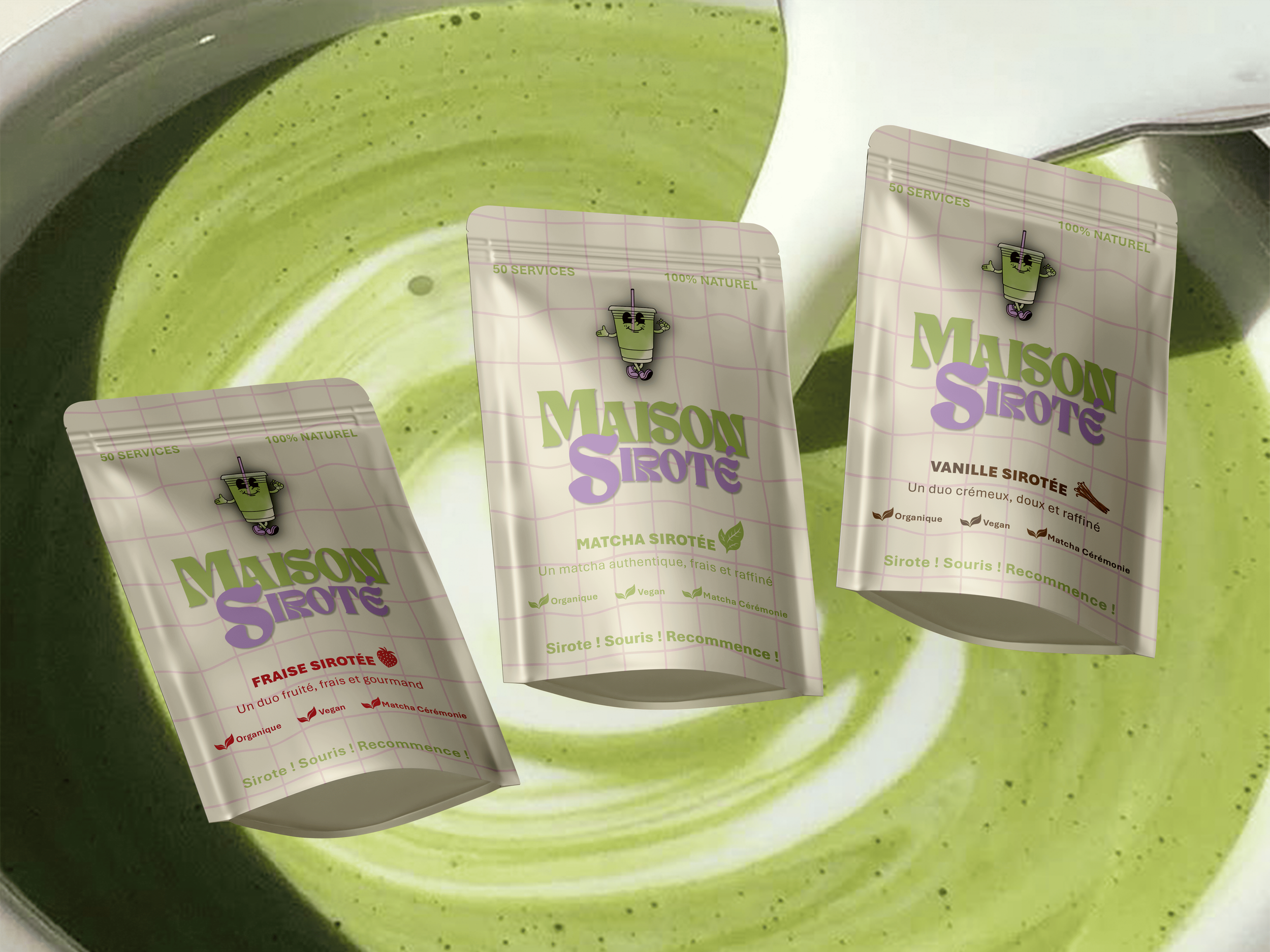 Paquets de boissons Maison Sirotée avec un logo de personnage souriant en crème glacée, avec différentes saveurs comme fraise et vanille, sur une assiette de kiwis coupés.