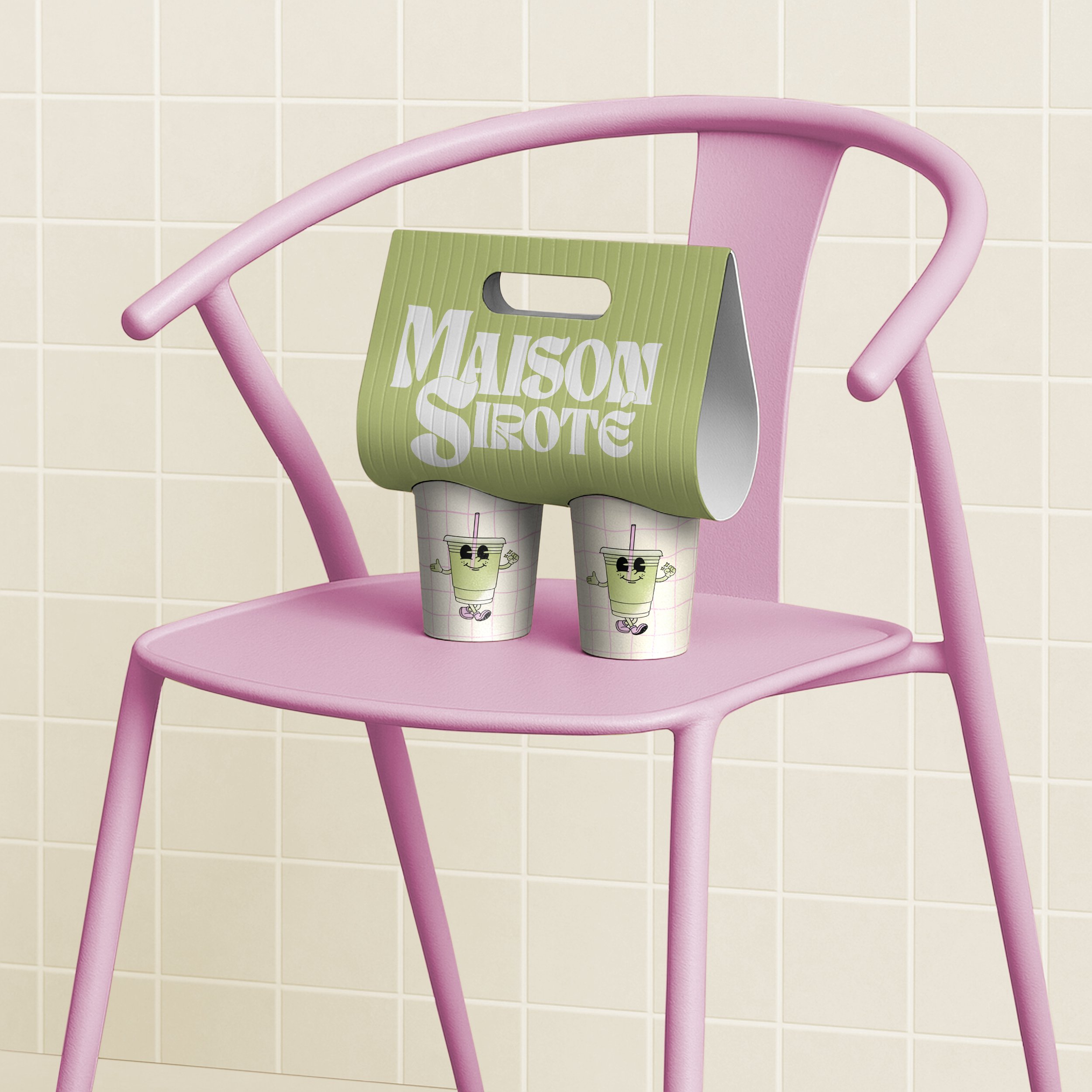 Chaise rose avec un porte-menu vert pour une boutique ou un café, placé devant un mur de carreaux blancs.