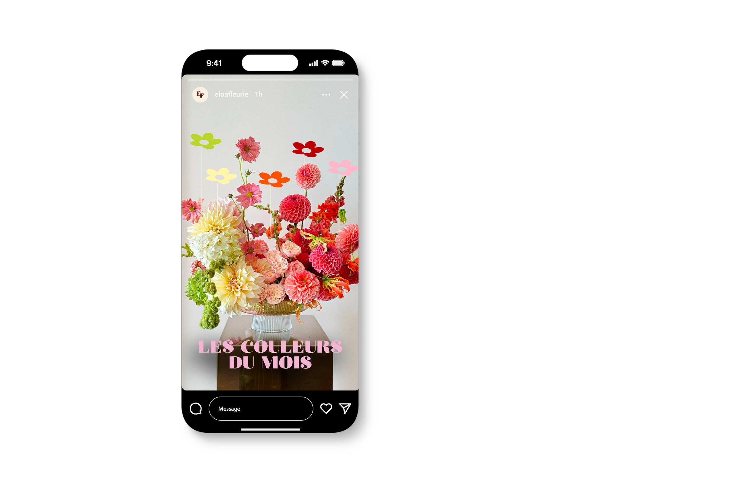 Capture d'écran d'une publication Instagram mettant en avant un bouquet de fleurs colorées dans un vase avec le texte 'Les couleurs du mois' en français