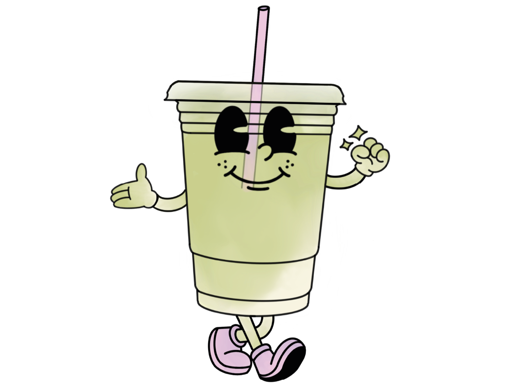 Personnage de dessins animés d'un grand verre de milkshake avec un visage souriant, des bras et des jambes, portant des chaussures roses, faisant un signe de paix avec une main.