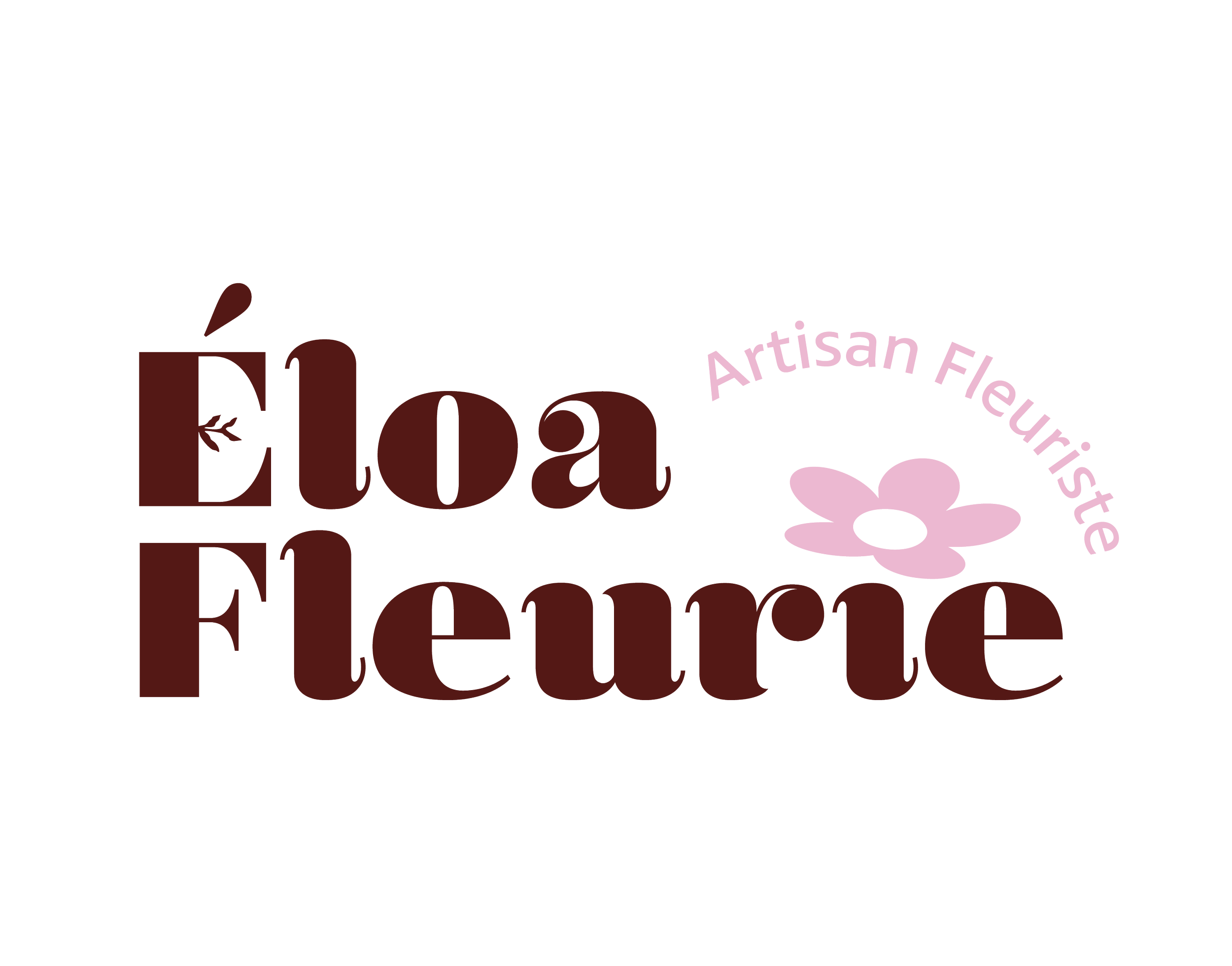 Logo avec le texte 'Élòa Fleurs', un motif floral rose clair et la mention 'Artisan Fleuriste' en arc autour. Sur fond noir.