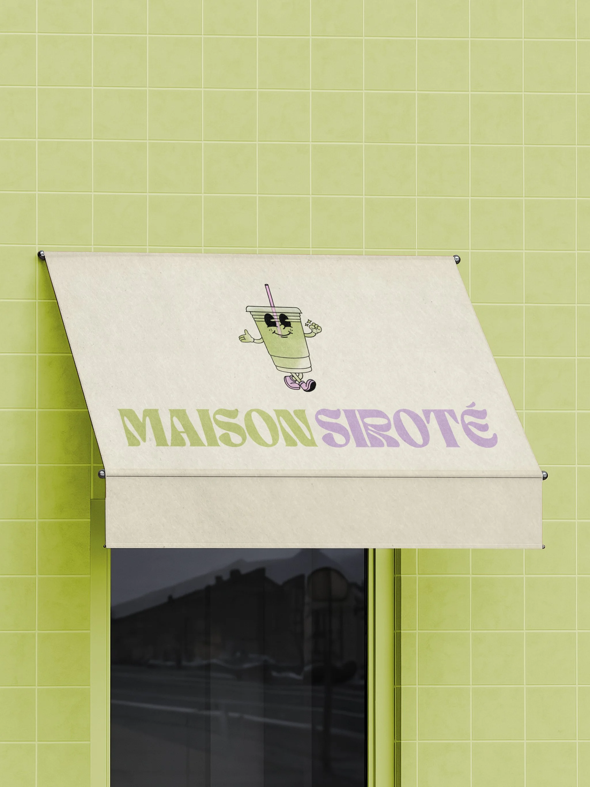 Une enseigne en tissu suspendue devant une porte en verre, avec un logo d'un verre de boisson avec une paille et un sourire, et le texte 'MAISON SIRÔTÉ'