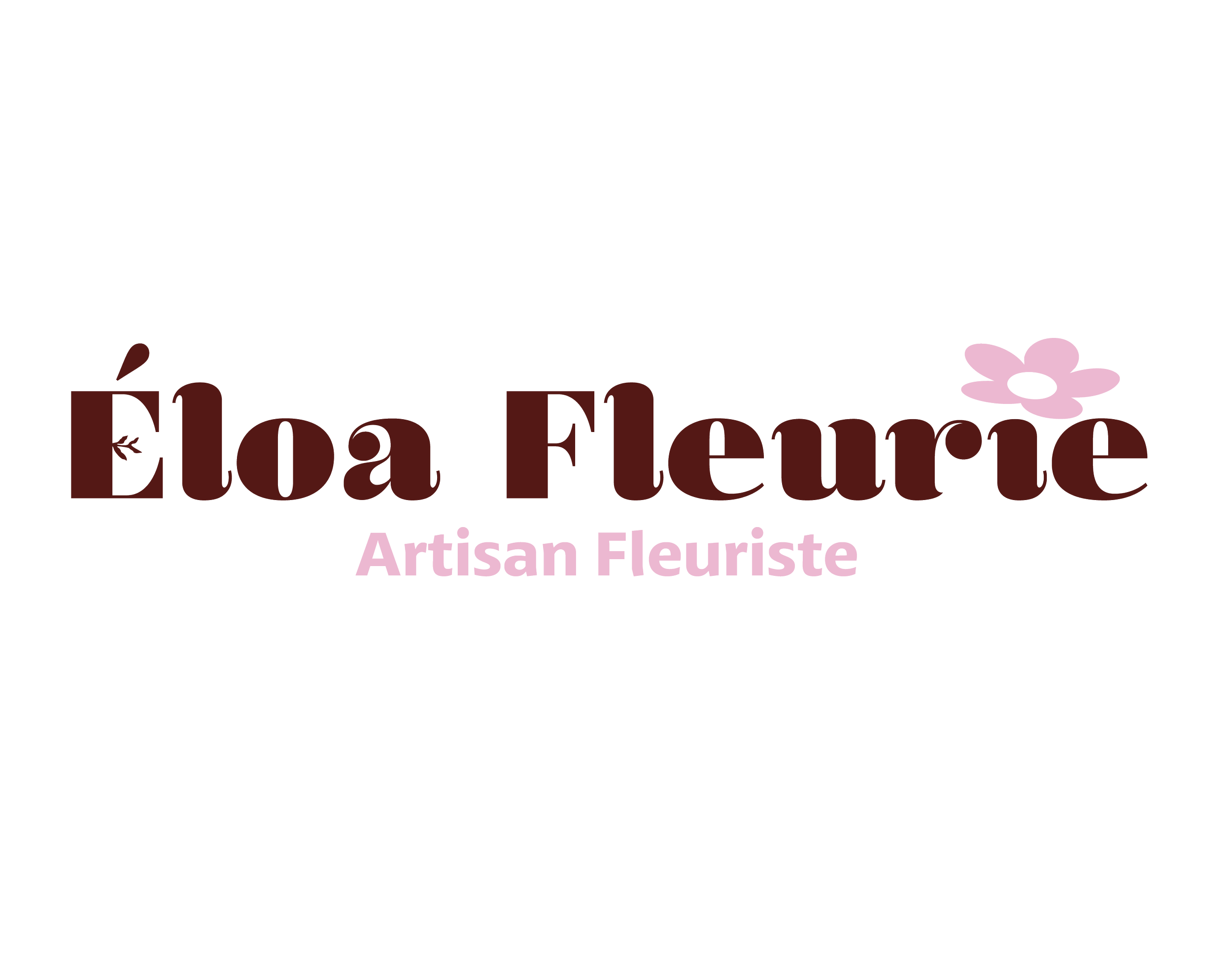 Logo de 'Eloa Fleuriste', comprenant un texte en marron avec une petite branche et une fleur rose, avec le mot 'Artisan Fleuriste' en lettres roses en dessous.
